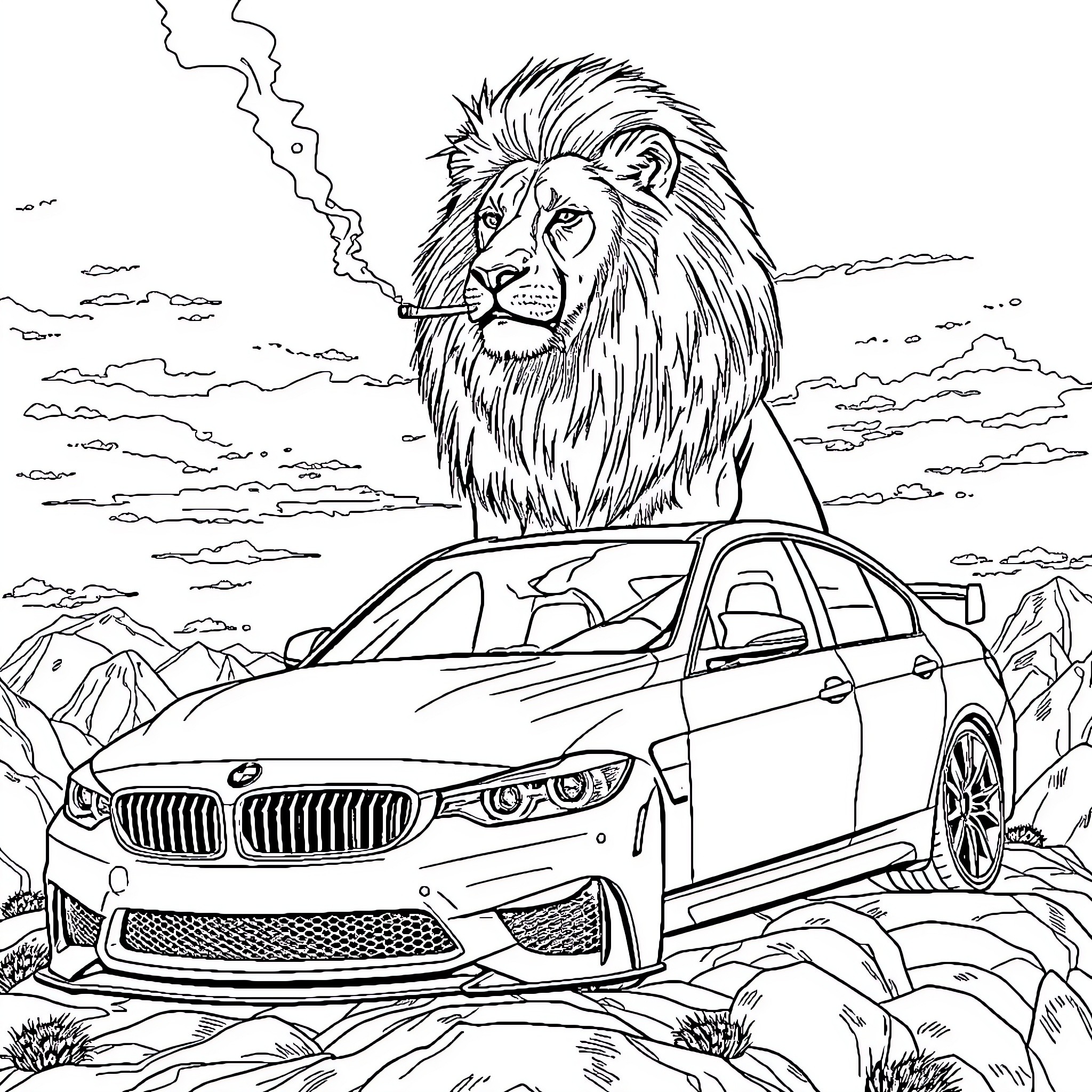 Lion posing with a car in the wilderness Coloring Page (free black-and-white line drawing printable PDF for all, from beginners to advanced learners, including children, teens, adults, and seniors)
