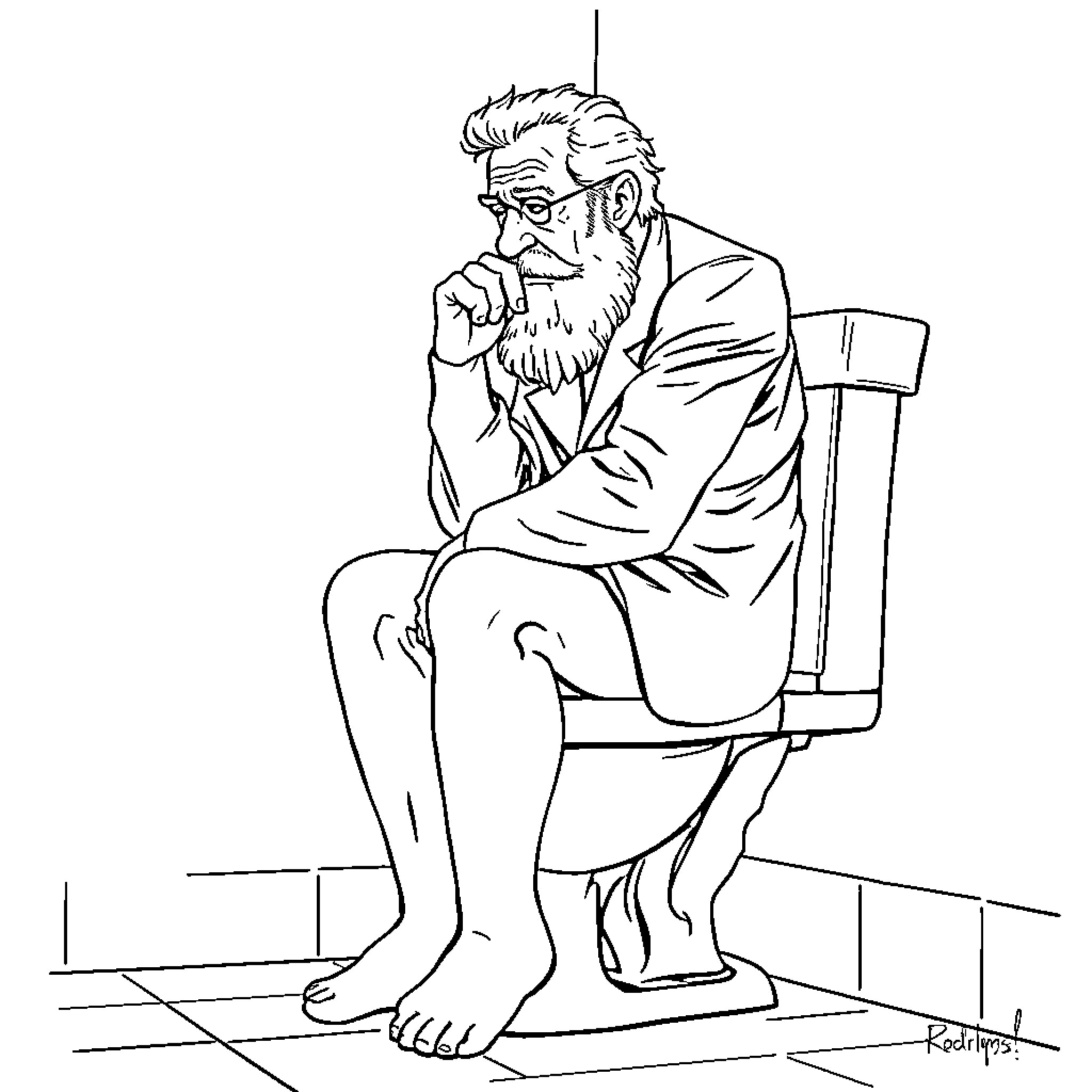 Sigmund Freud contemplating deep thoughts Coloring Page (free black-and-white line drawing printable PDF for all, from beginners to advanced learners, including children, teens, adults, and seniors)