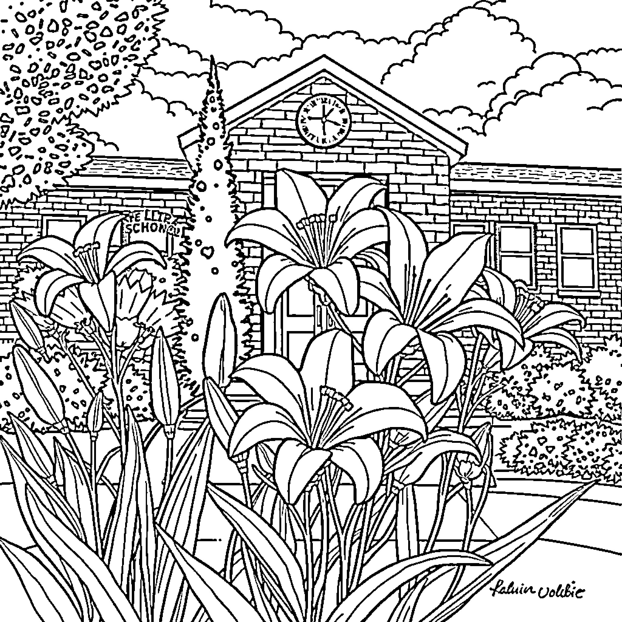 Lily's Enchanted Garden with Whimsical Flowers Coloring Page (free black-and-white line drawing printable PDF for all, from beginners to advanced learners, including children, teens, adults, and seniors)