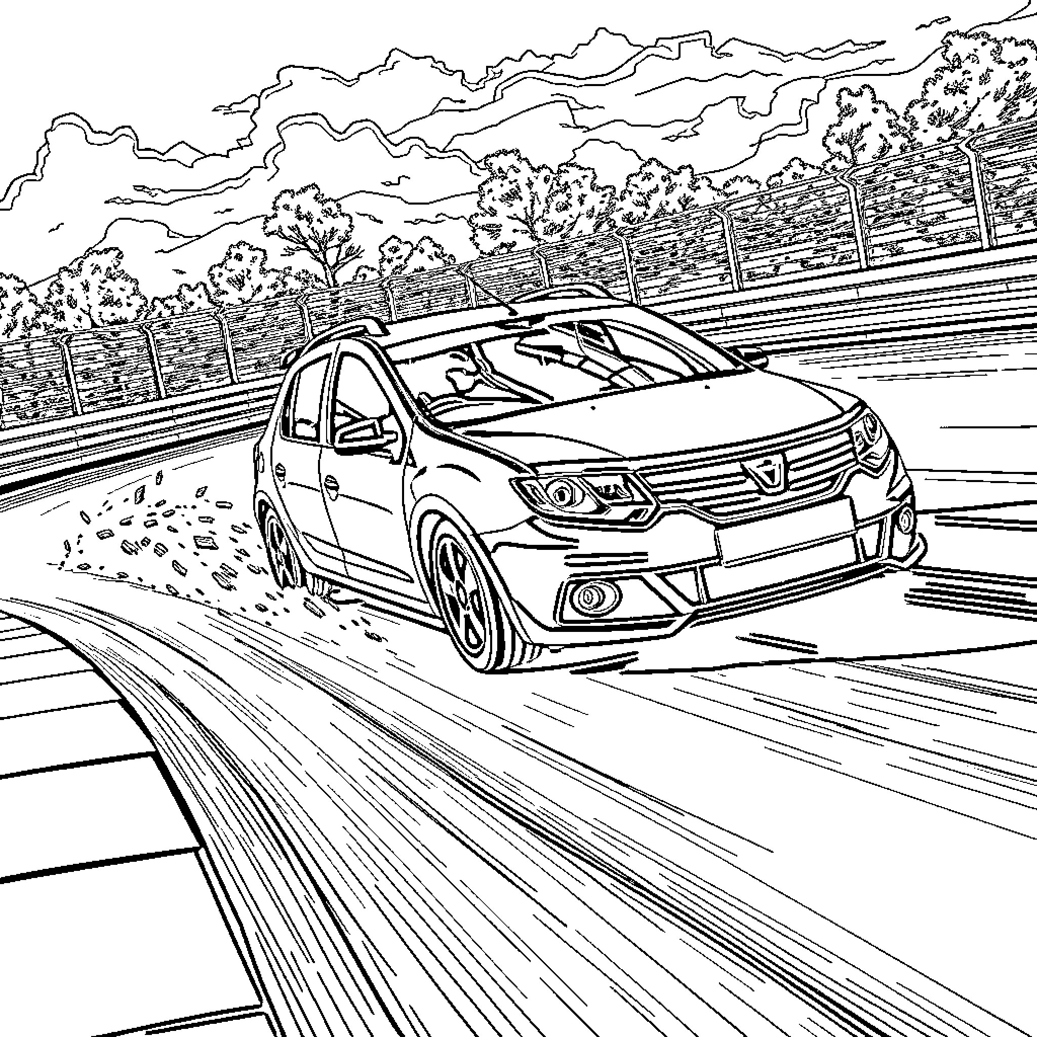 Dacia Logan speeding on the highway Coloring Page (free black-and-white line drawing printable PDF for all, from beginners to advanced learners, including children, teens, adults, and seniors)
