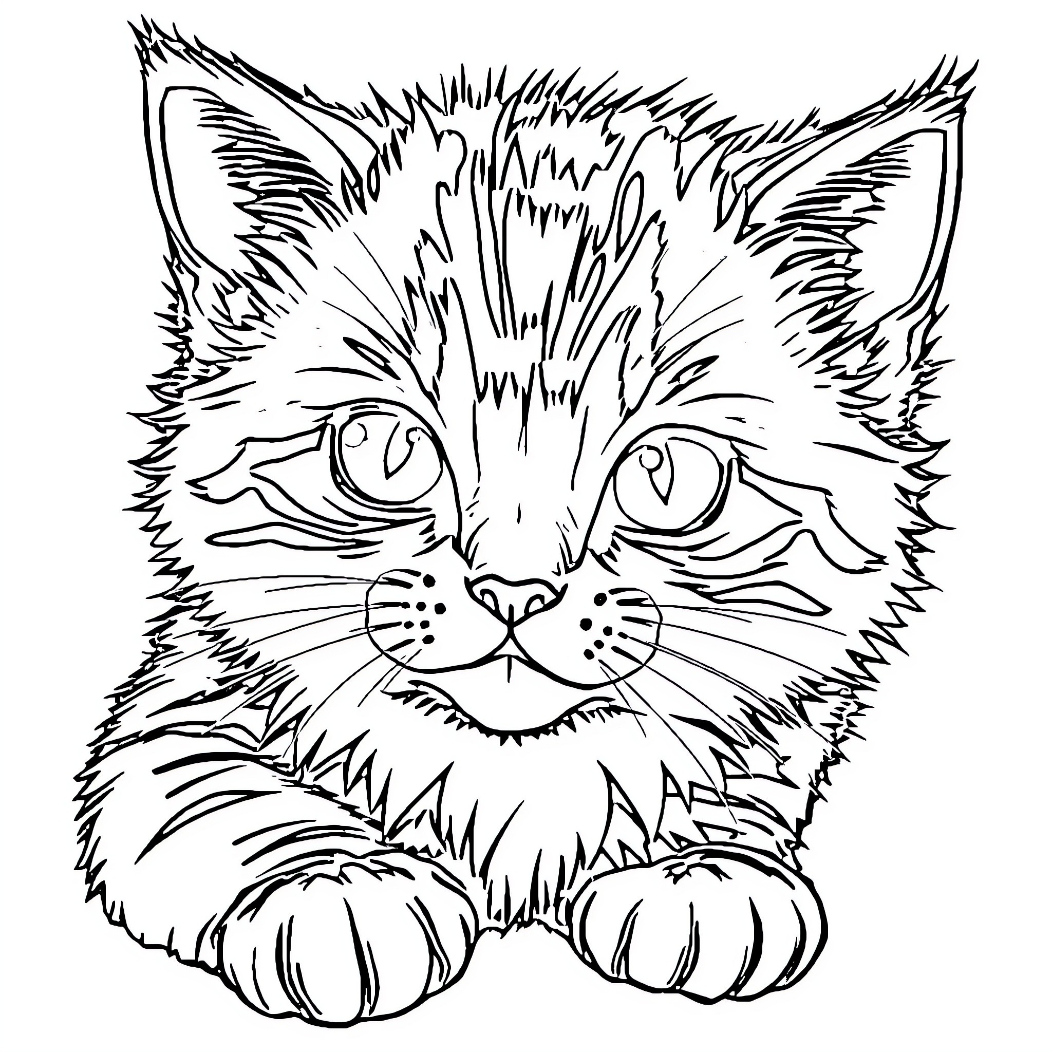 Gabycat focused feline expression Coloring Page (free black-and-white line drawing printable PDF for all, from beginners to advanced learners, including children, teens, adults, and seniors)