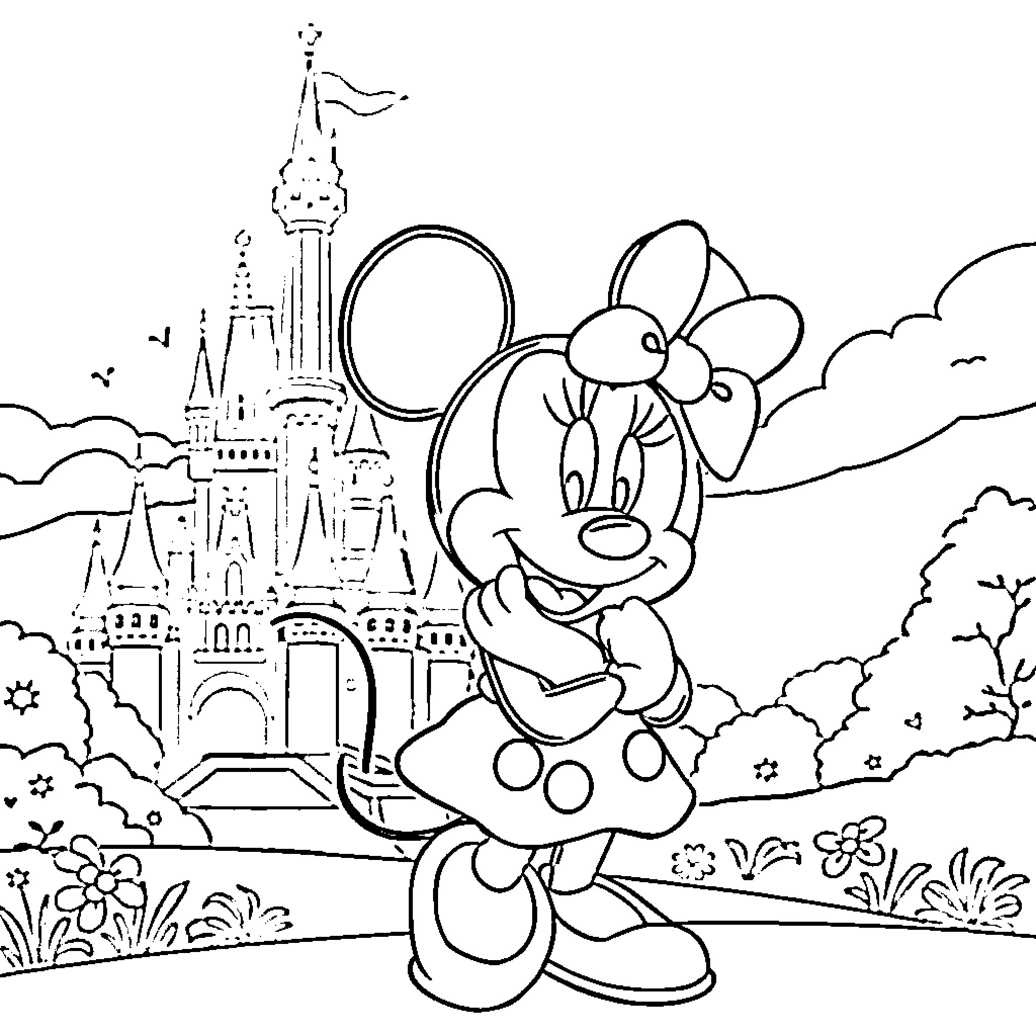 Minnie Mouse enjoying the castle and nature Coloring Page (free black-and-white line drawing printable PDF for all, from beginners to advanced learners, including children, teens, adults, and seniors)