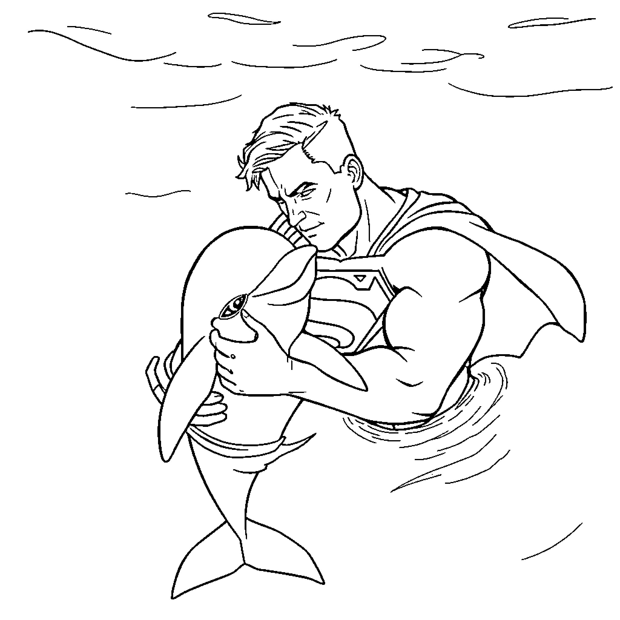Superman rescuing a fish in the ocean Coloring Page (free black-and-white line drawing printable PDF for all, from beginners to advanced learners, including children, teens, adults, and seniors)