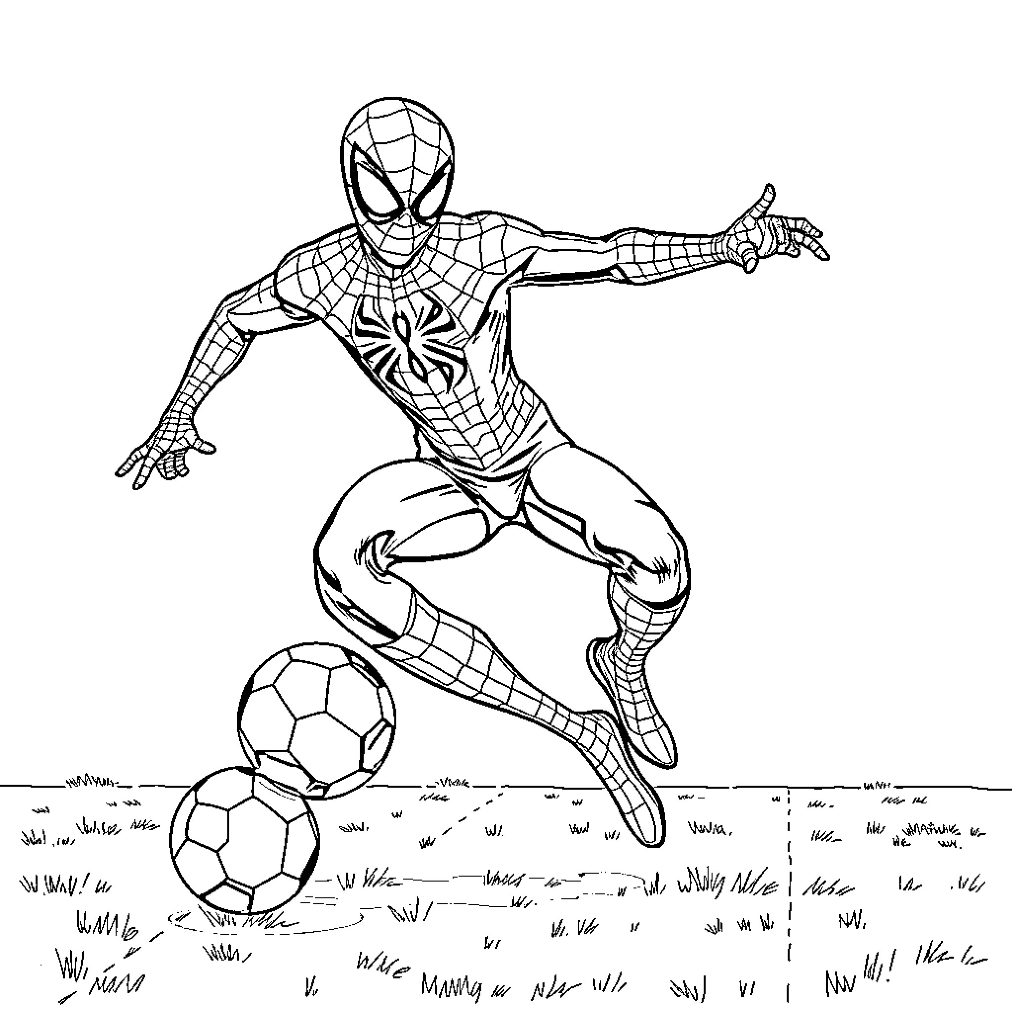 Spider-Man playing with soccer balls on the field Coloring Page (free black-and-white line drawing printable PDF for all, from beginners to advanced learners, including children, teens, adults, and seniors)