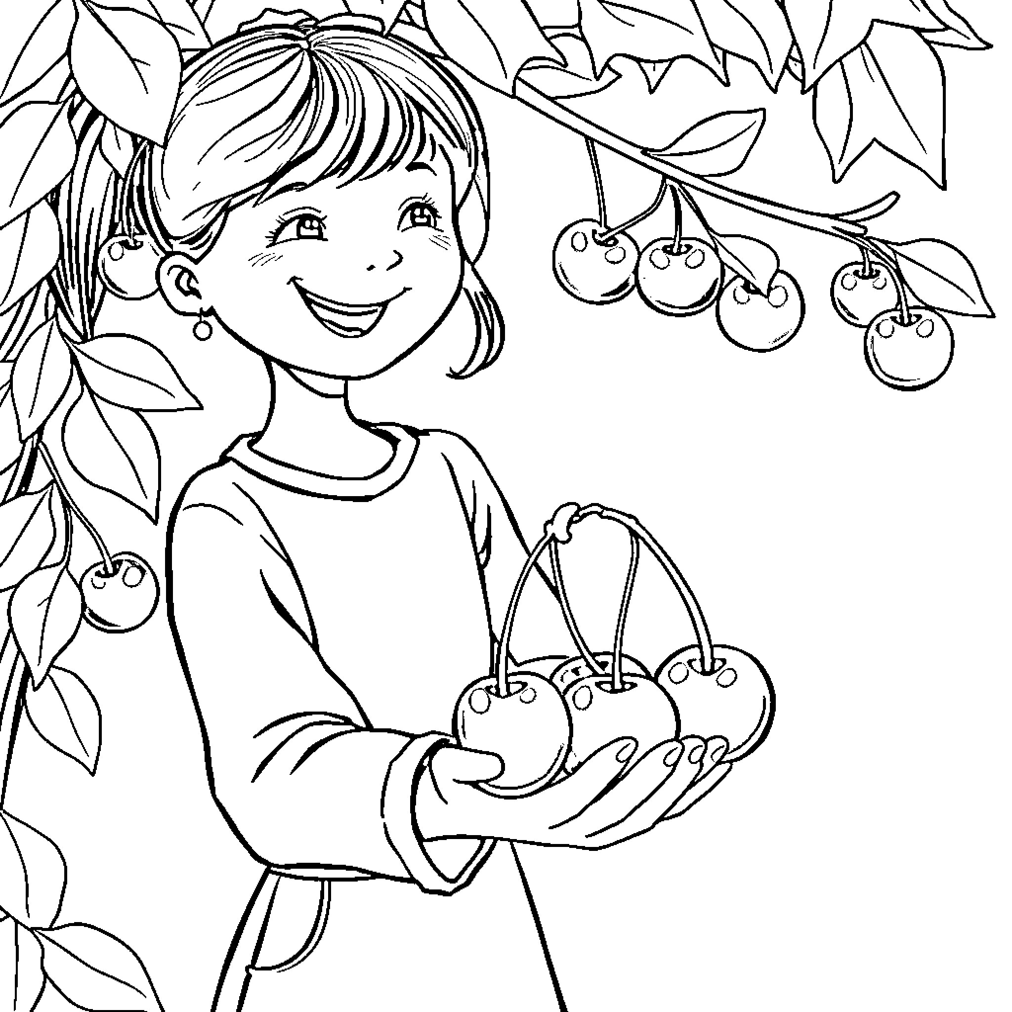 Girl holding cherries and smiling Coloring Page (free black-and-white line drawing printable PDF for all, from beginners to advanced learners, including children, teens, adults, and seniors)