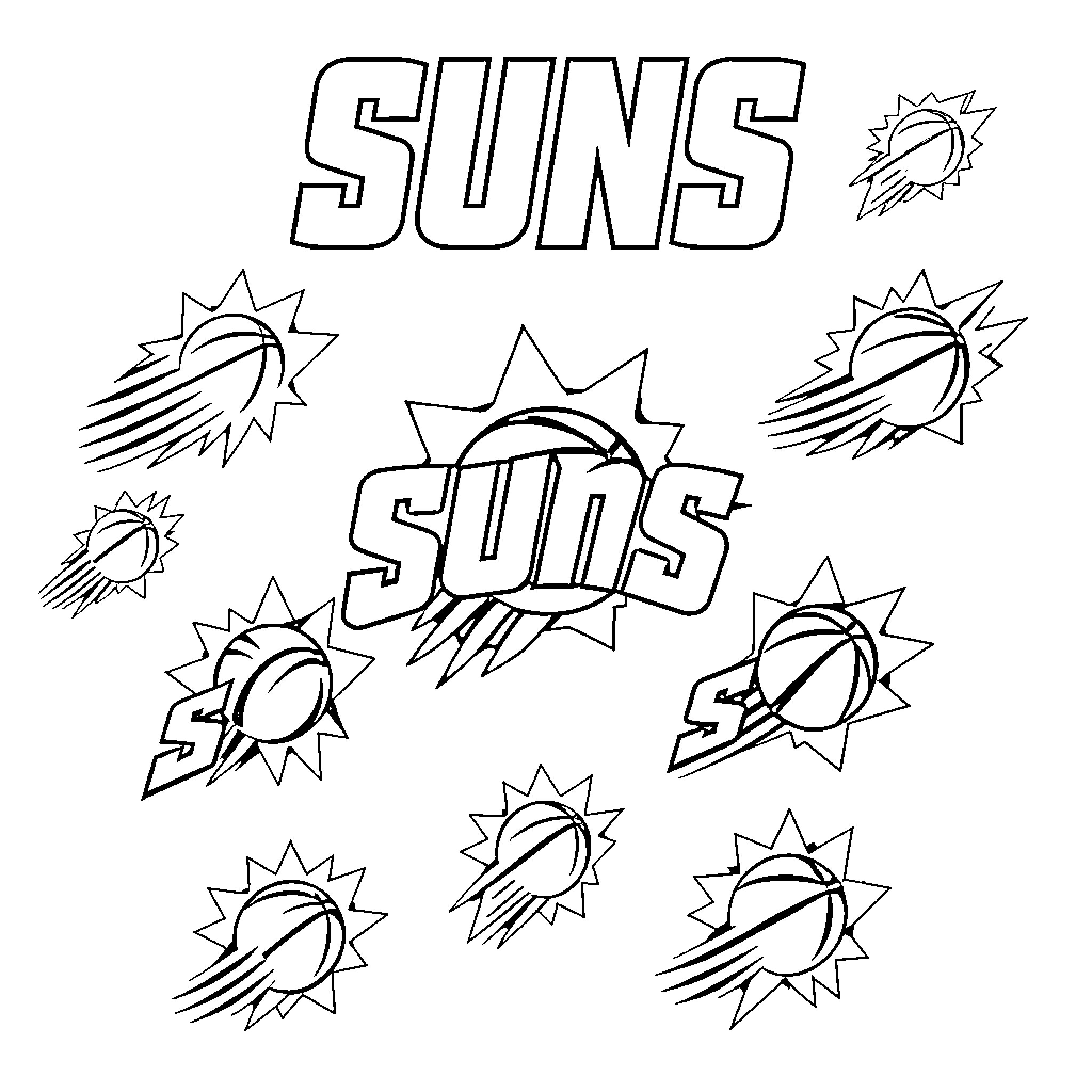 Phoenix Suns Basketball Symbols and Imagery Coloring Page (free black-and-white line drawing printable PDF for all, from beginners to advanced learners, including children, teens, adults, and seniors)