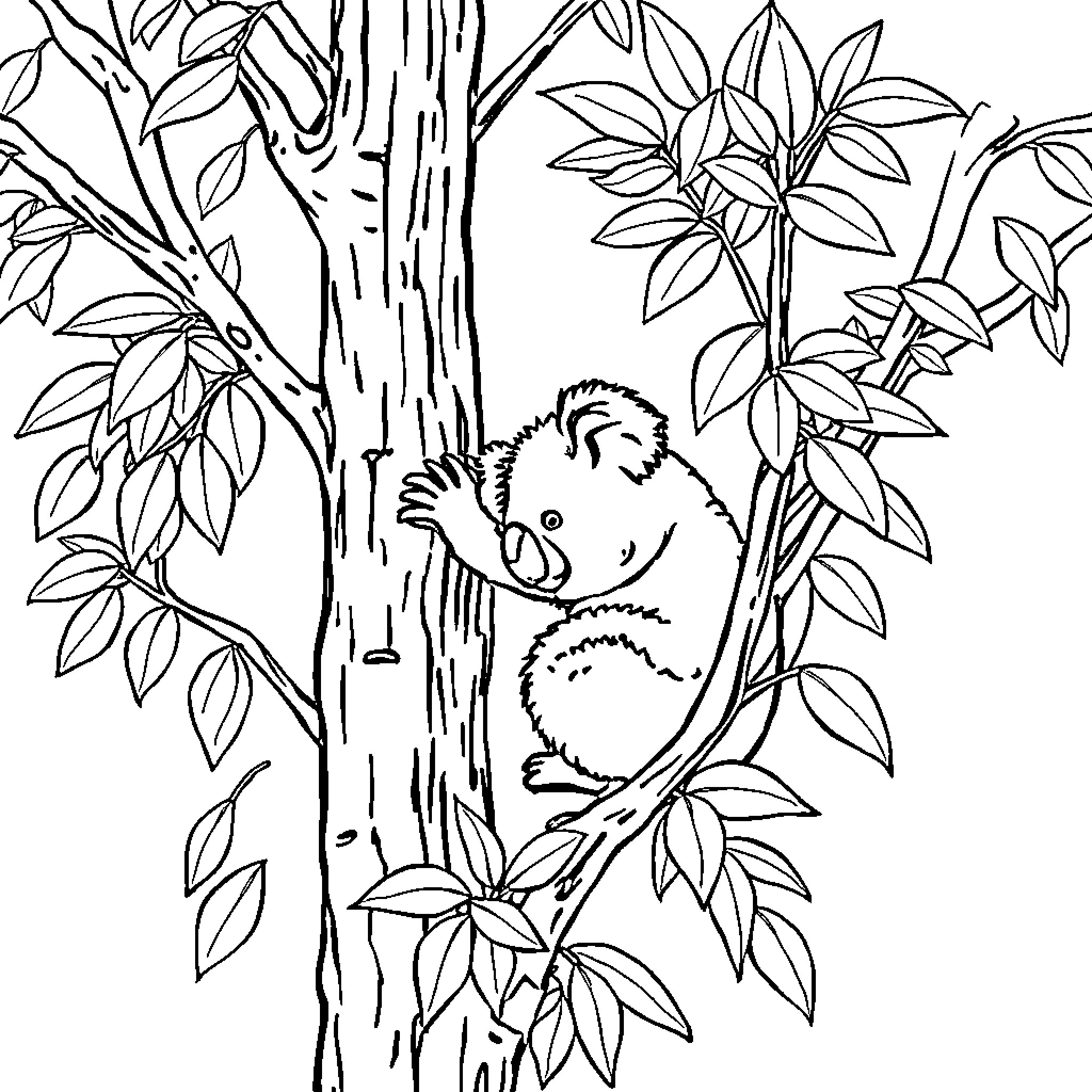 Koala resting peacefully in a lush tree Coloring Page (free black-and-white line drawing printable PDF for all, from beginners to advanced learners, including children, teens, adults, and seniors)