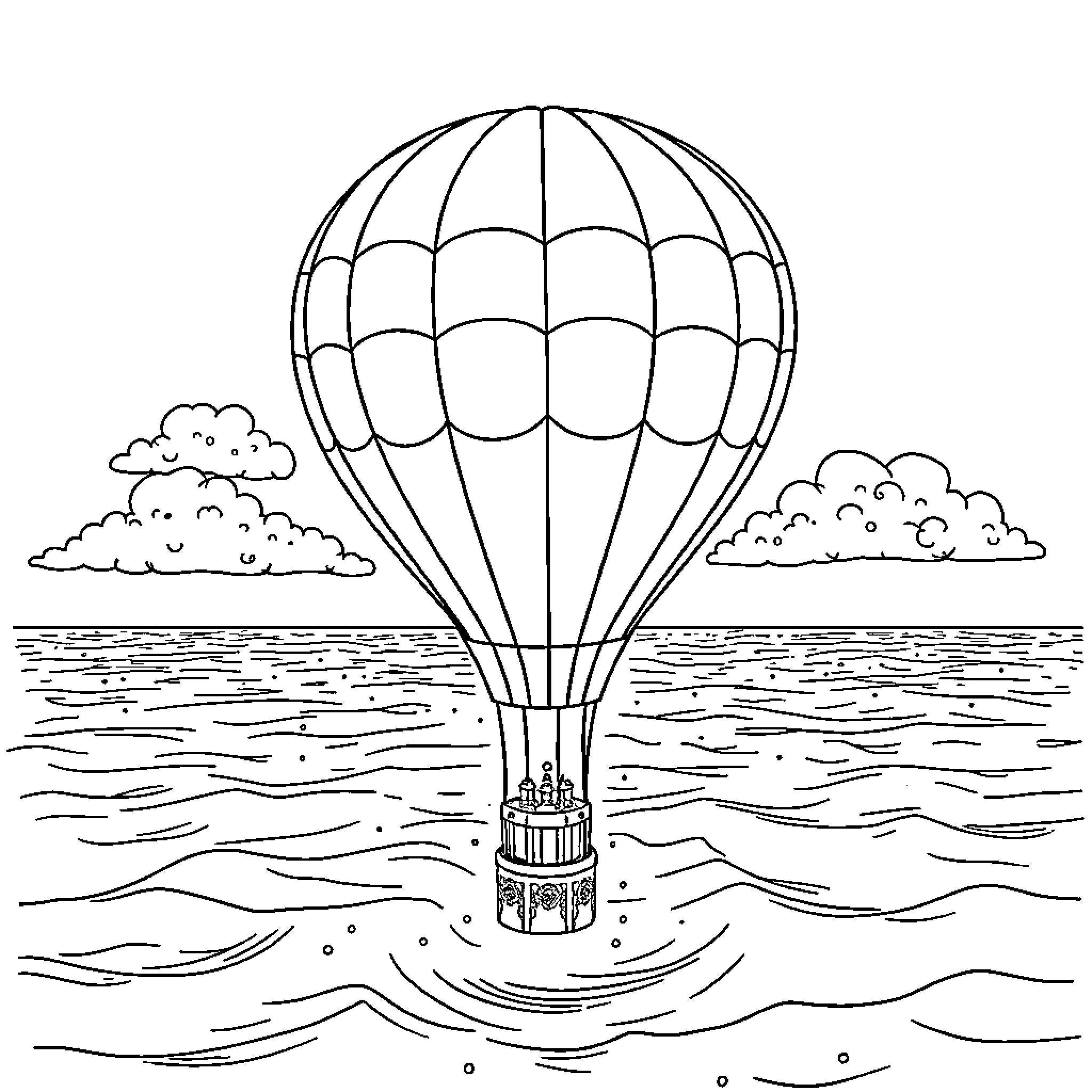 Hot Air Balloon Soaring Over Serene Waters Coloring Page (free black-and-white line drawing printable PDF for all, from beginners to advanced learners, including children, teens, adults, and seniors)