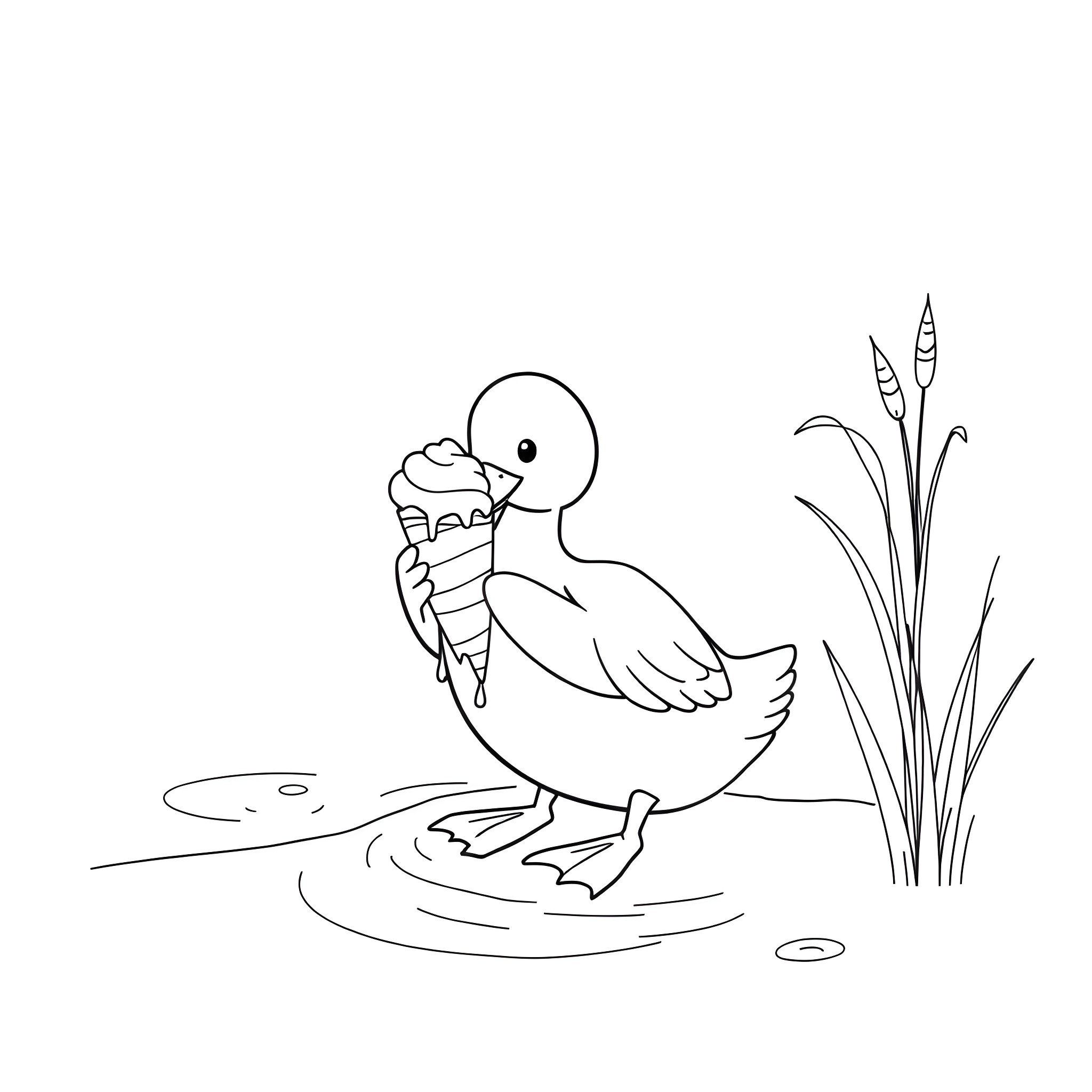 Duck wading in water near reeds Coloring Page (free black-and-white line drawing printable PDF for all, from beginners to advanced learners, including children, teens, adults, and seniors)