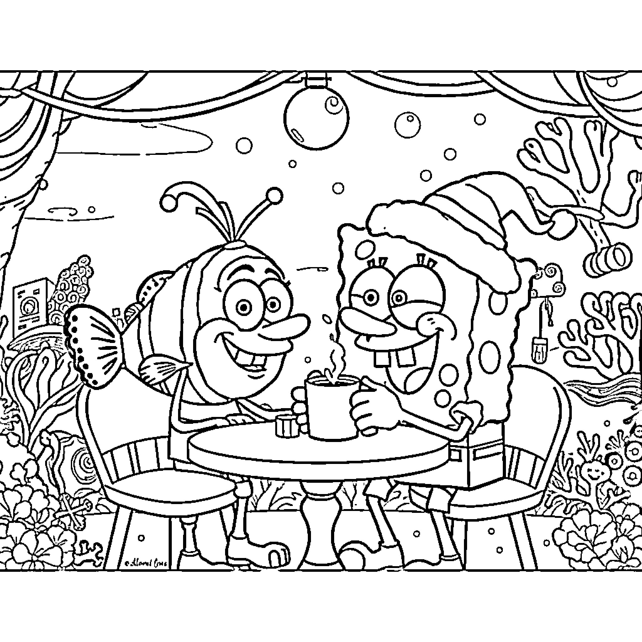 Spongebob and friends having an underwater tea party Coloring Page (free black-and-white line drawing printable PDF for all, from beginners to advanced learners, including children, teens, adults, and seniors)