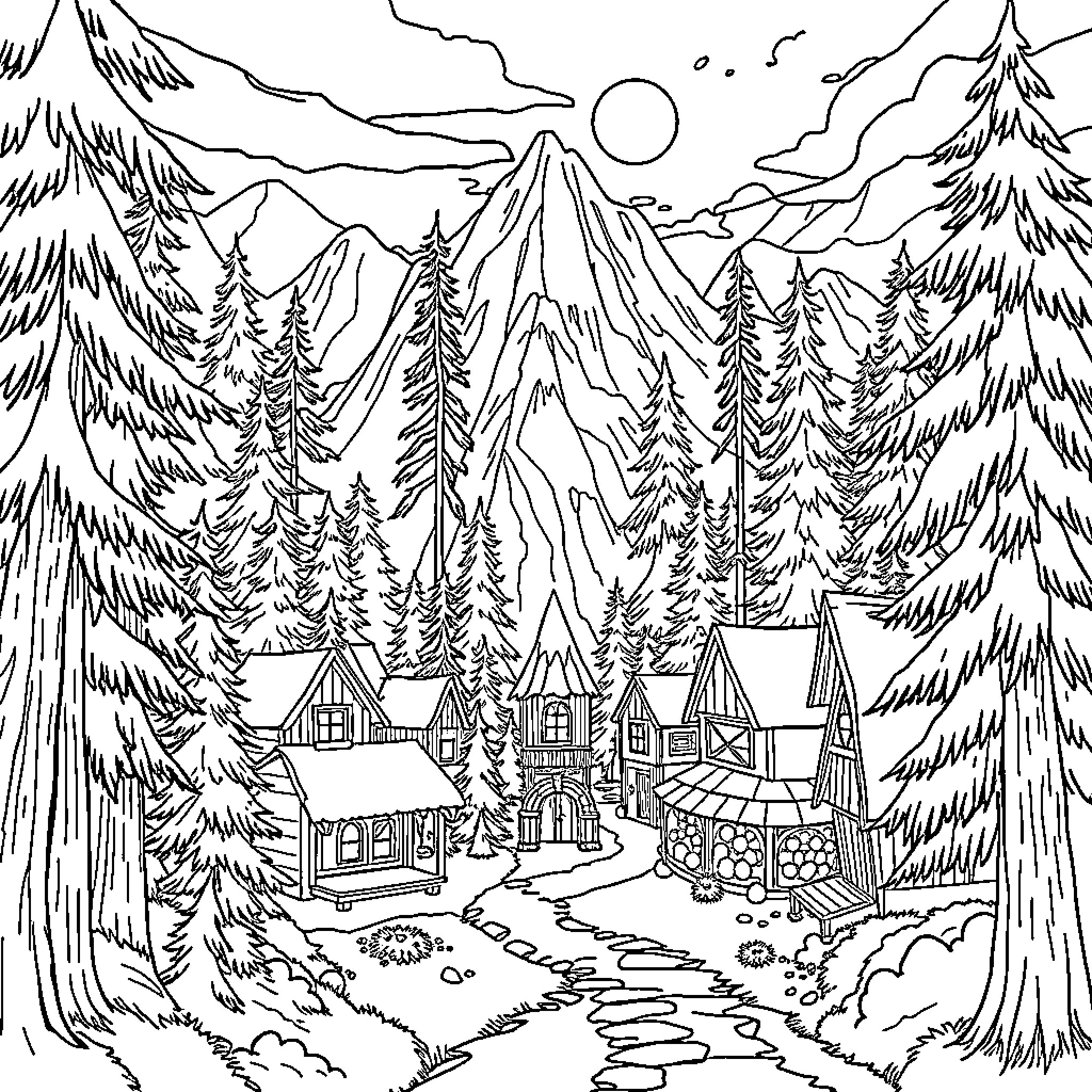 Gravity Falls - Scenic Mountain Village Landscape Coloring Page (free black-and-white line drawing printable PDF for all, from beginners to advanced learners, including children, teens, adults, and seniors)