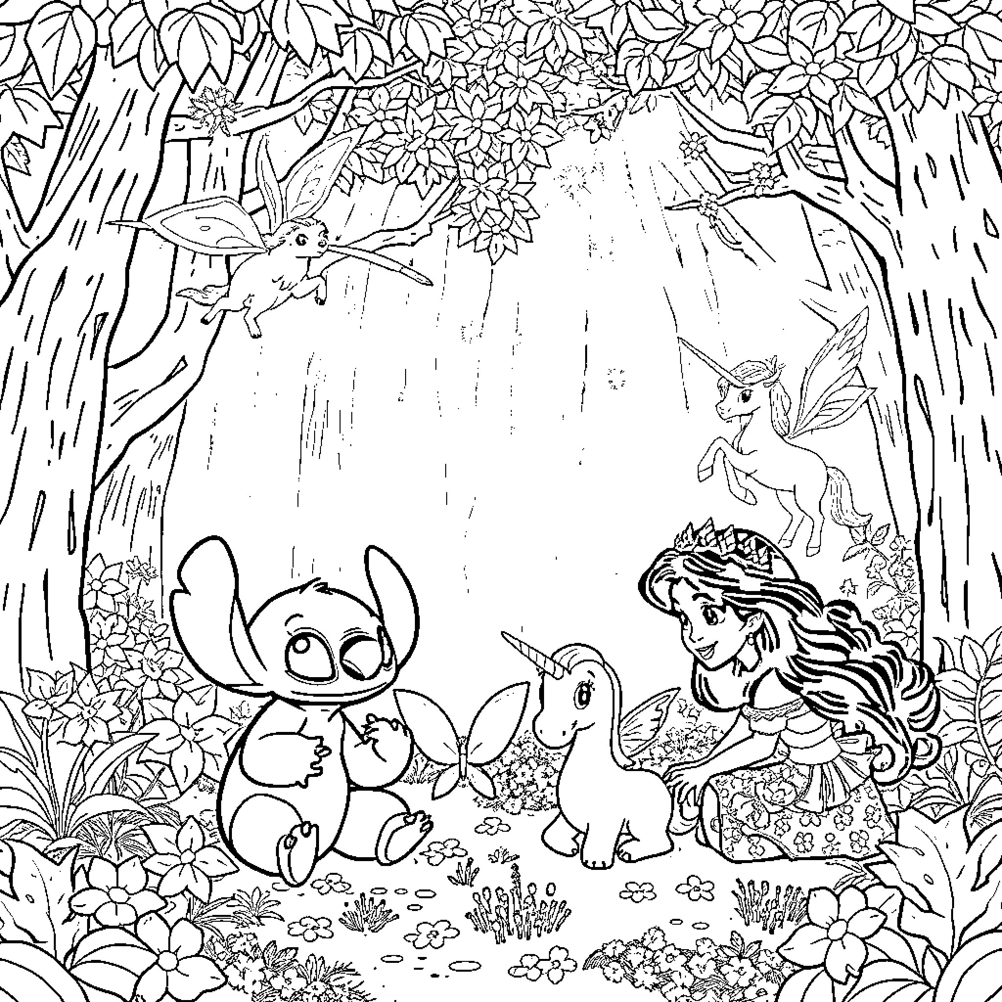 Stitch and friends explore enchanted forest Coloring Page (free black-and-white line drawing printable PDF for all, from beginners to advanced learners, including children, teens, adults, and seniors)