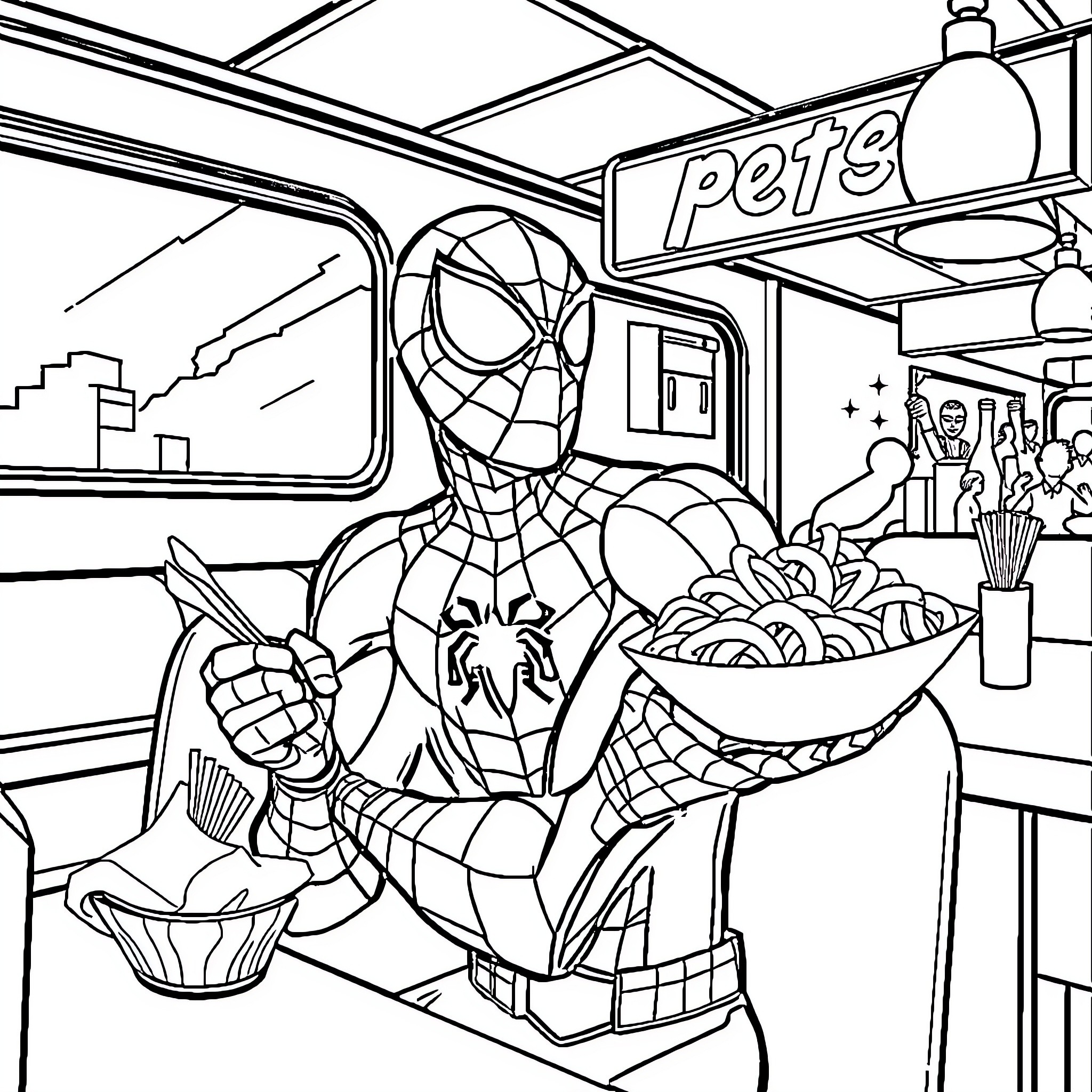 Spiderman shopping for pet supplies in the city Coloring Page (free black-and-white line drawing printable PDF for all, from beginners to advanced learners, including children, teens, adults, and seniors)
