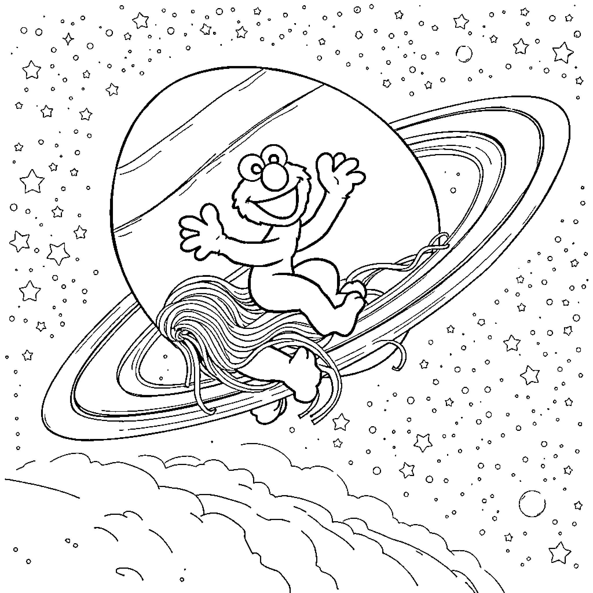Elmo's Intergalactic Adventure Coloring Page (free black-and-white line drawing printable PDF for all, from beginners to advanced learners, including children, teens, adults, and seniors)