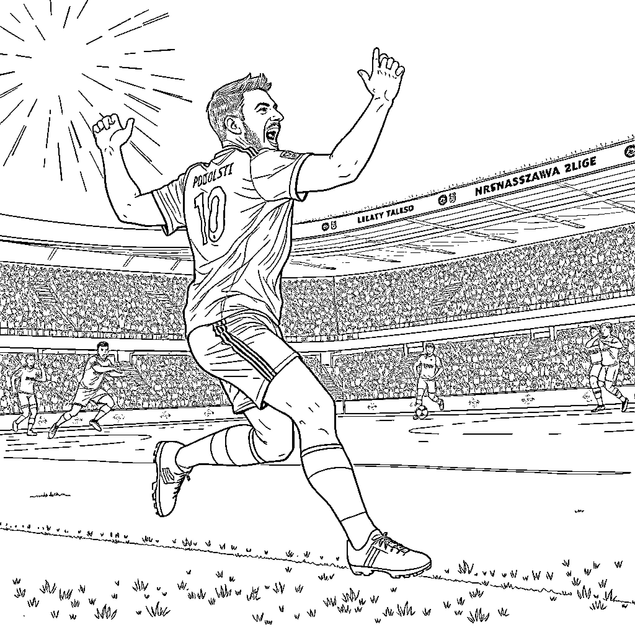 Lukas Podolski celebrating victory on the soccer field Coloring Page (free black-and-white line drawing printable PDF for all, from beginners to advanced learners, including children, teens, adults, and seniors)