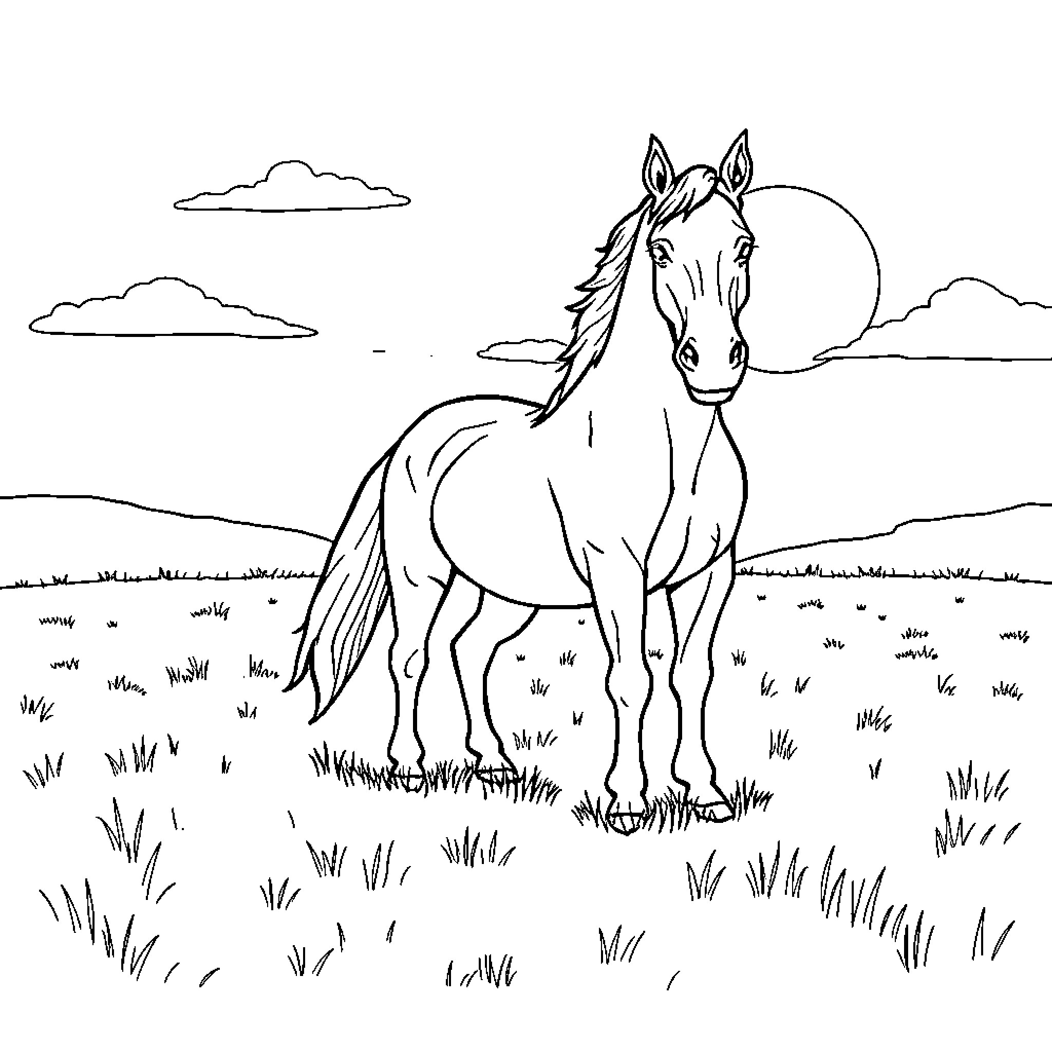 Horse standing tall in the countryside Coloring Page (free black-and-white line drawing printable PDF for all, from beginners to advanced learners, including children, teens, adults, and seniors)
