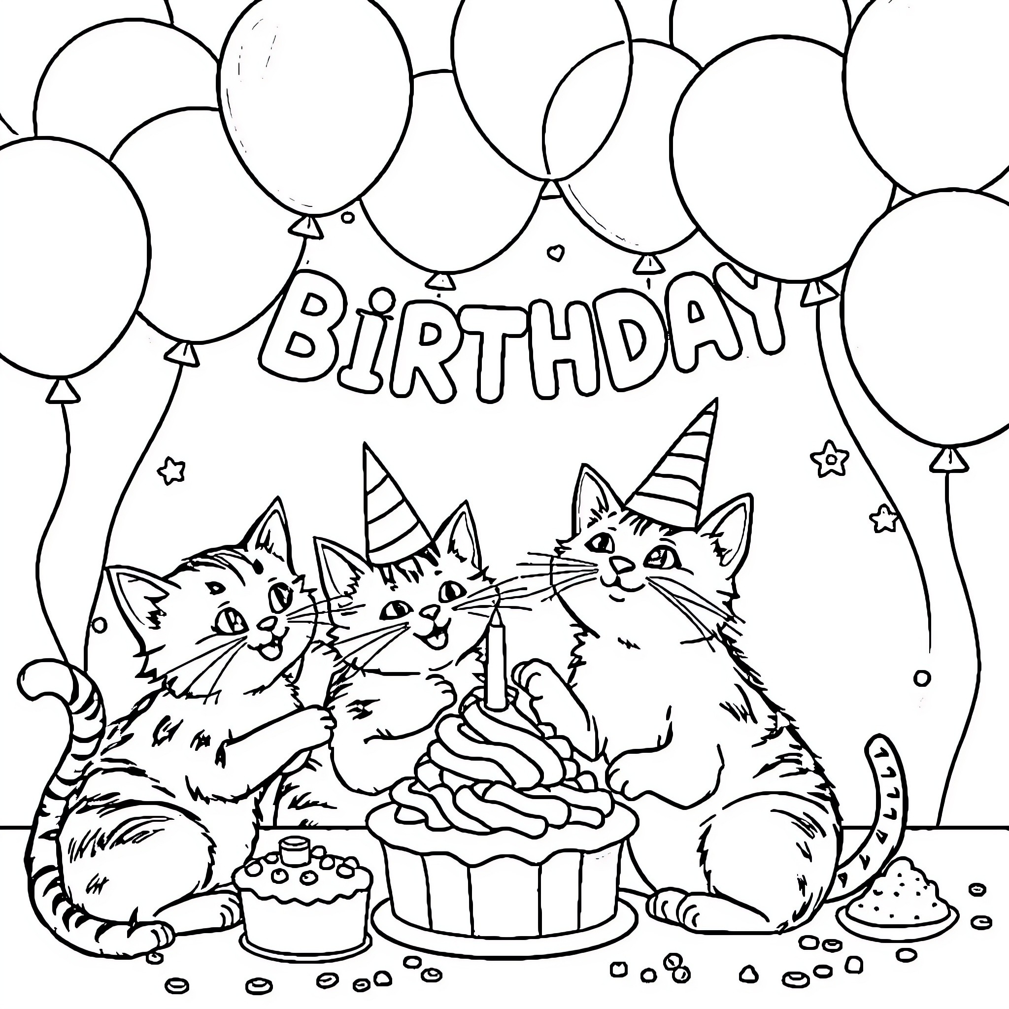 Cats celebrating a birthday party with balloons Coloring Page (free black-and-white line drawing printable PDF for all, from beginners to advanced learners, including children, teens, adults, and seniors)
