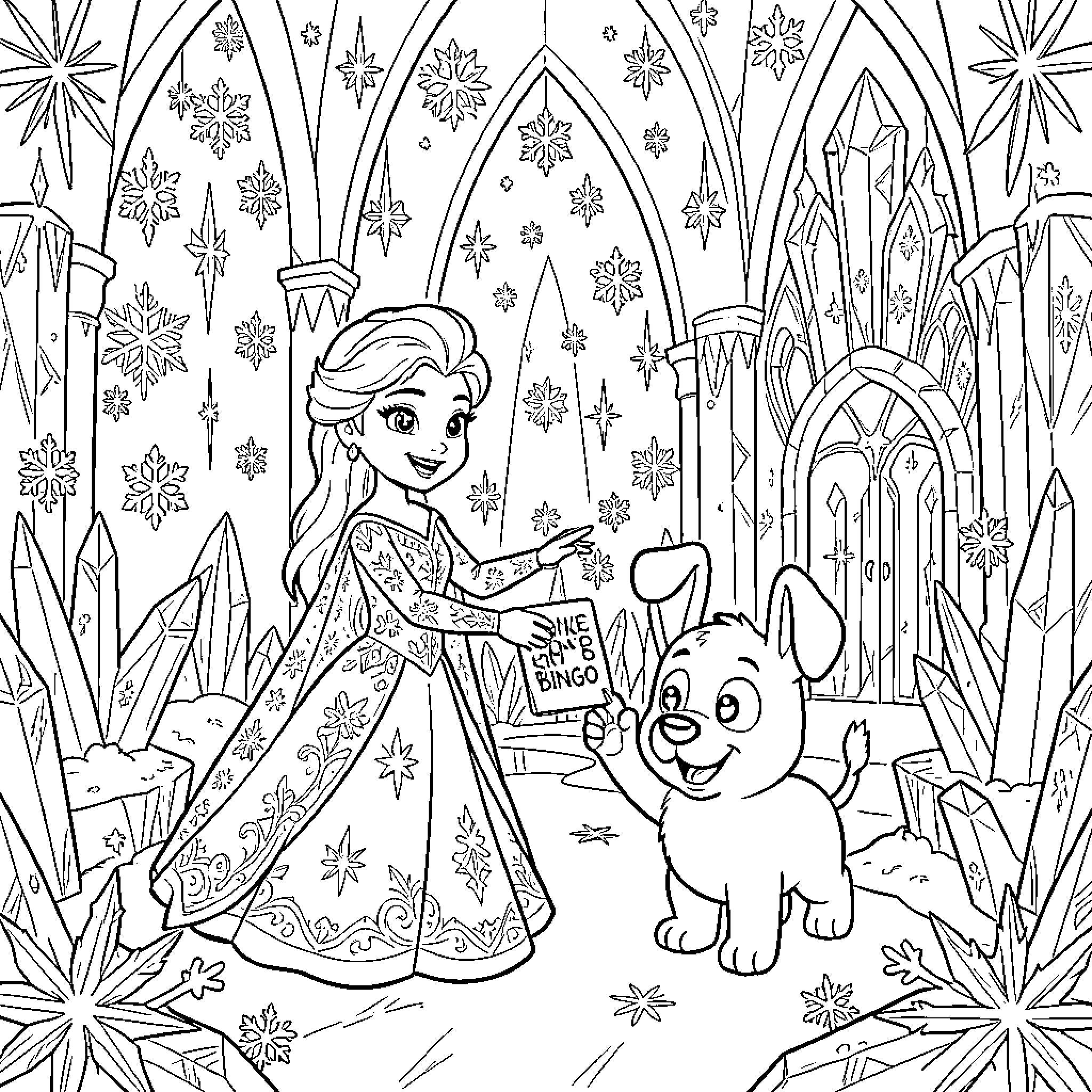 Elsa's Magical Playground with Olaf Coloring Page (free black-and-white line drawing printable PDF for all, from beginners to advanced learners, including children, teens, adults, and seniors)