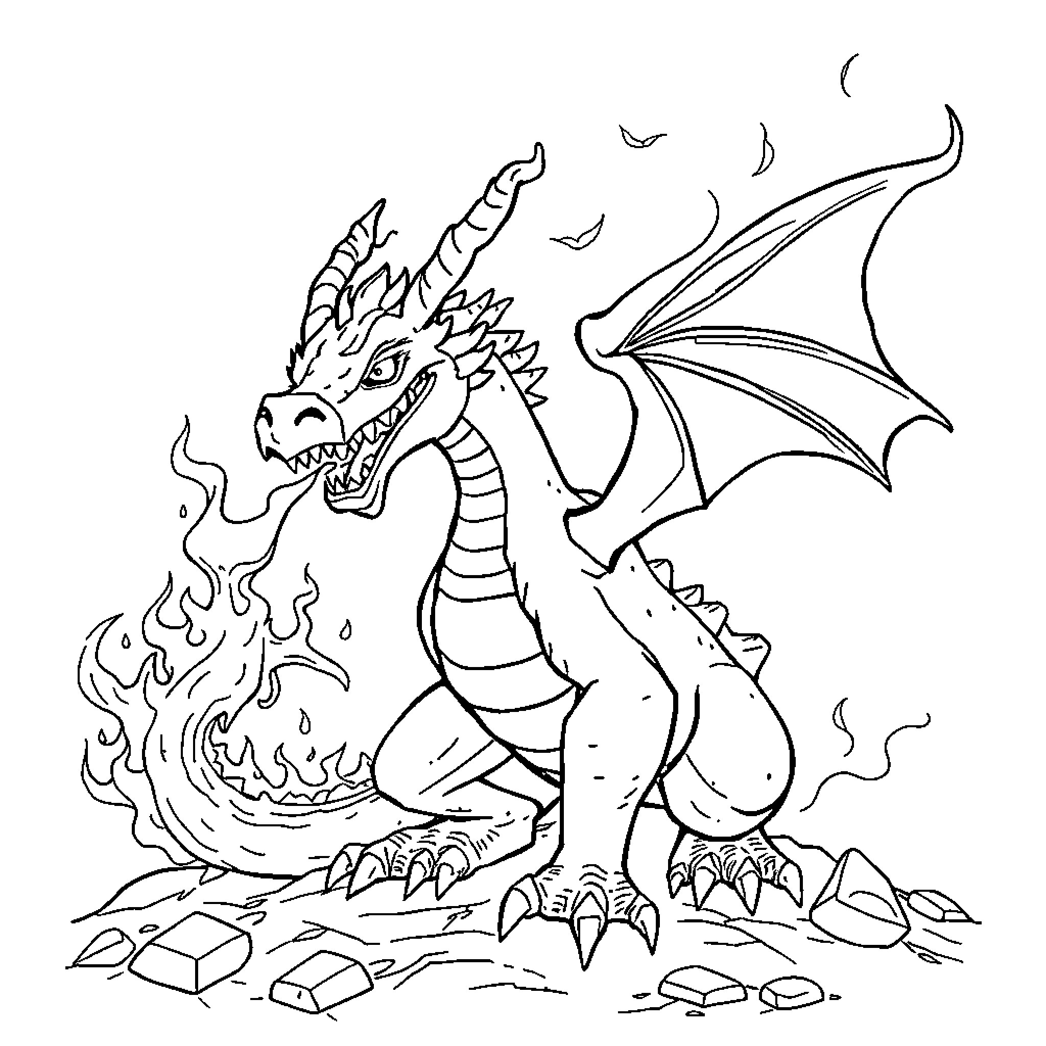 Dragon breathing fiery flames in a rocky landscape Coloring Page (free black-and-white line drawing printable PDF for all, from beginners to advanced learners, including children, teens, adults, and seniors)