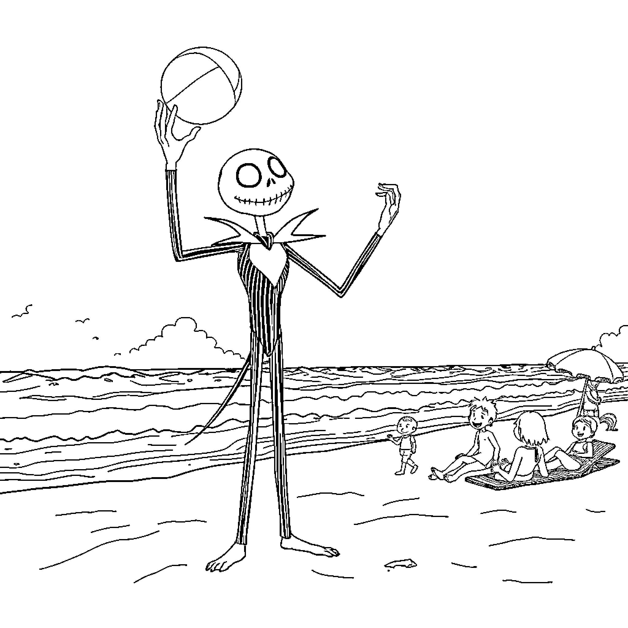 Jack Skellington playing basketball on the beach Coloring Page (free black-and-white line drawing printable PDF for all, from beginners to advanced learners, including children, teens, adults, and seniors)