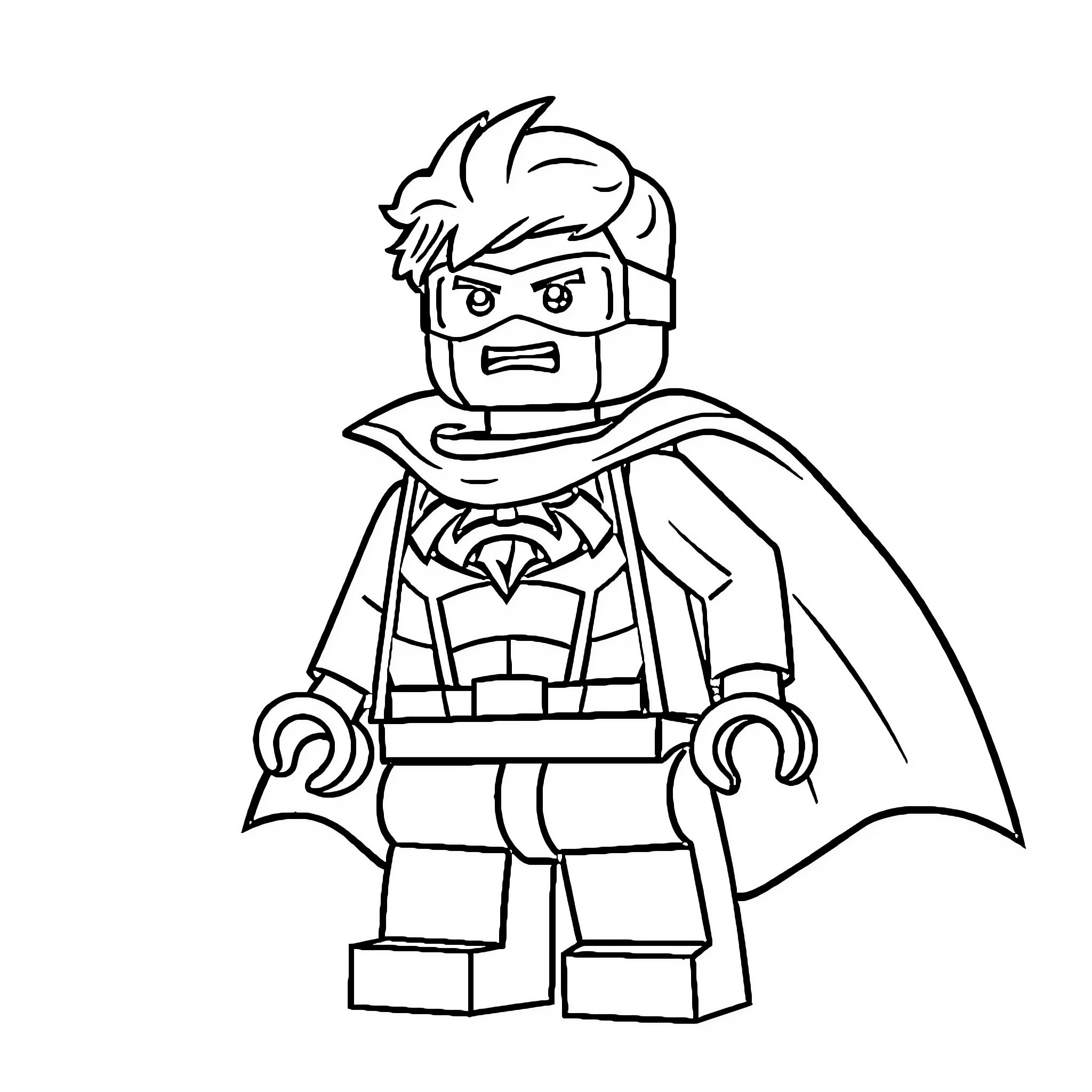 Lego Superhero in action-packed stance Coloring Page (free black-and-white line drawing printable PDF for all, from beginners to advanced learners, including children, teens, adults, and seniors)