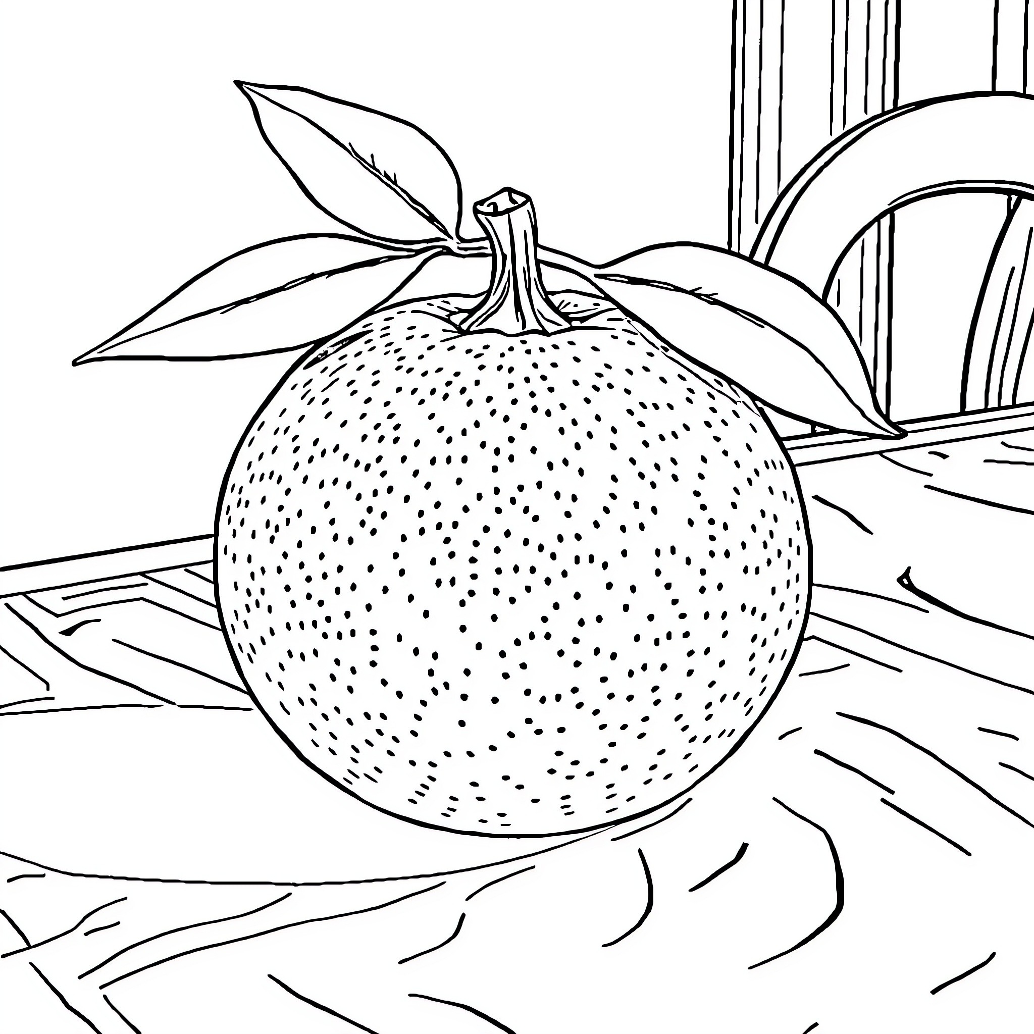 Pumpkin sitting on wooden surface Coloring Page (free black-and-white line drawing printable PDF for all, from beginners to advanced learners, including children, teens, adults, and seniors)
