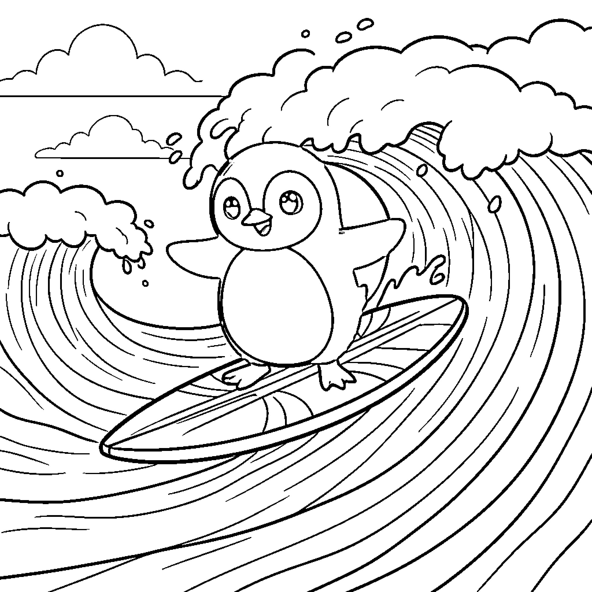 Penguin surfing in the waves Coloring Page (free black-and-white line drawing printable PDF for all, from beginners to advanced learners, including children, teens, adults, and seniors)