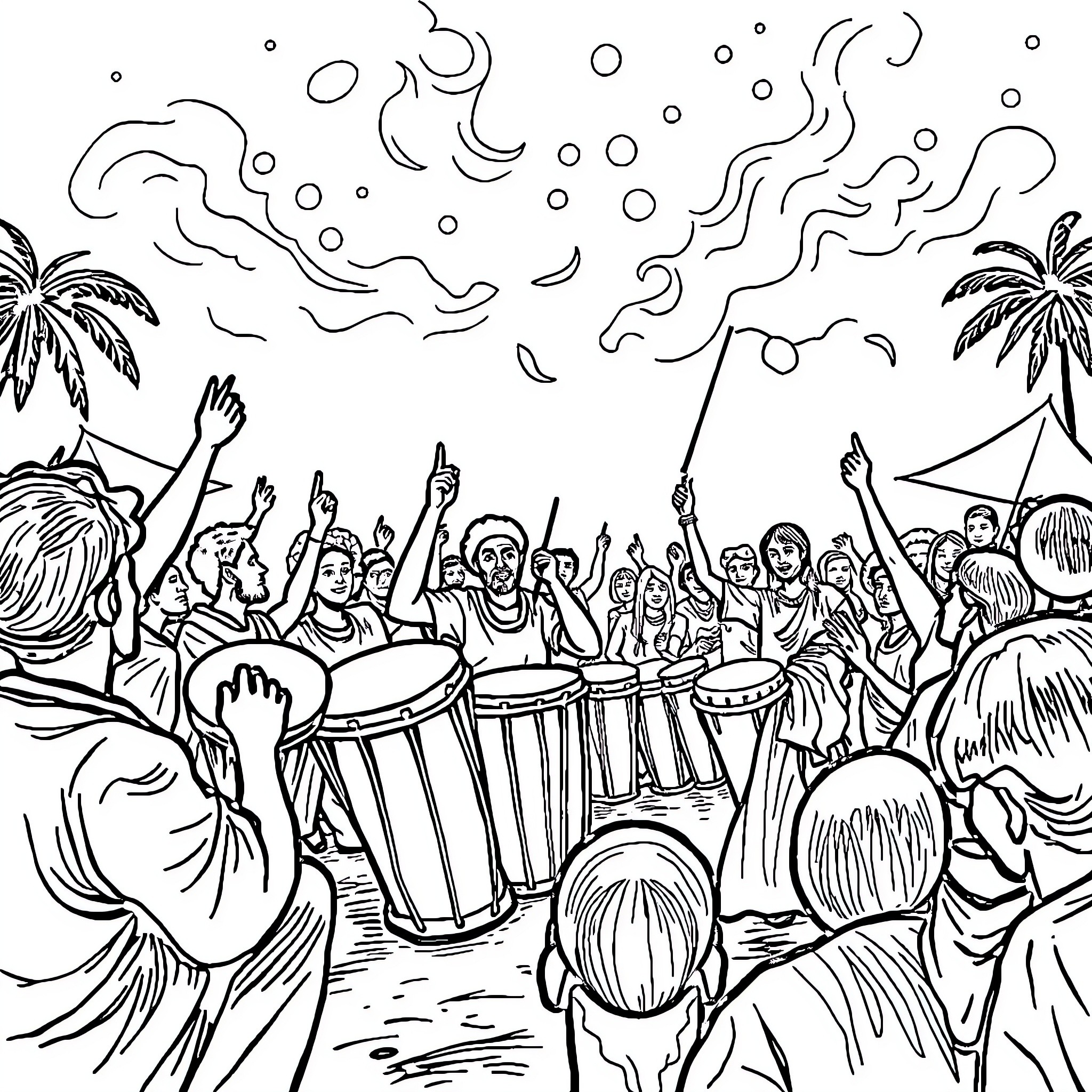 Tung Celebration with Lively Drums and Cheering Crowd Coloring Page (free black-and-white line drawing printable PDF for all, from beginners to advanced learners, including children, teens, adults, and seniors)