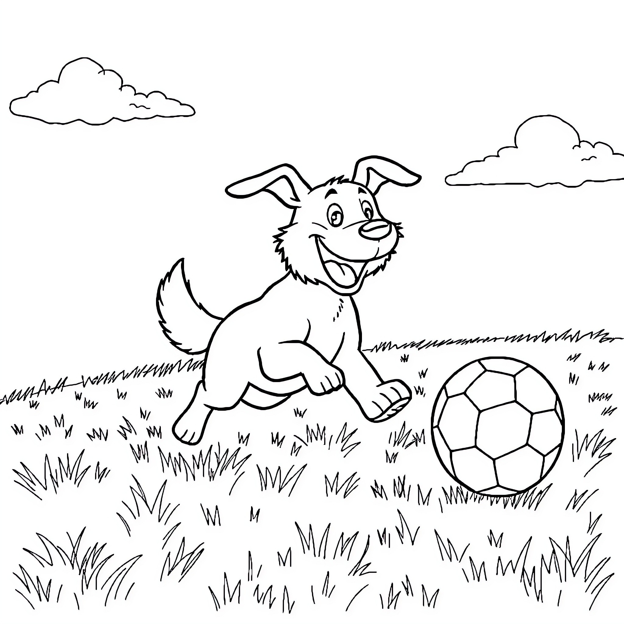Dog Happily Playing with Soccer Ball in Field Coloring Page (free black-and-white line drawing printable PDF for all, from beginners to advanced learners, including children, teens, adults, and seniors)