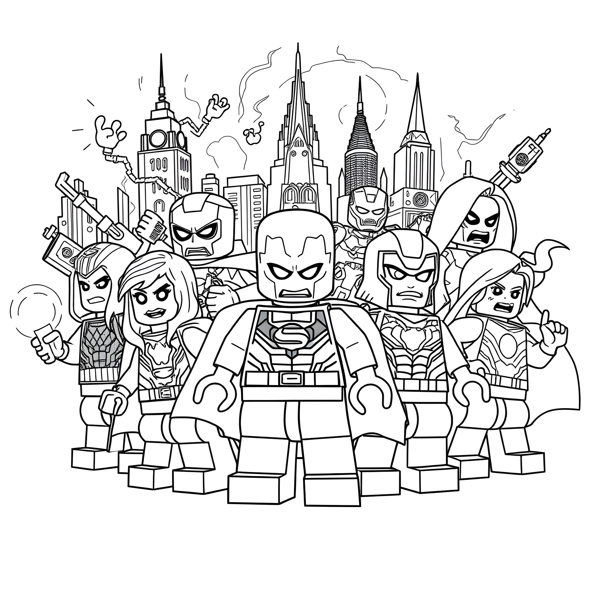 Superhero Characters in Action-Packed City Skyline Coloring Page (free black-and-white line drawing printable PDF for all, from beginners to advanced learners, including children, teens, adults, and seniors)