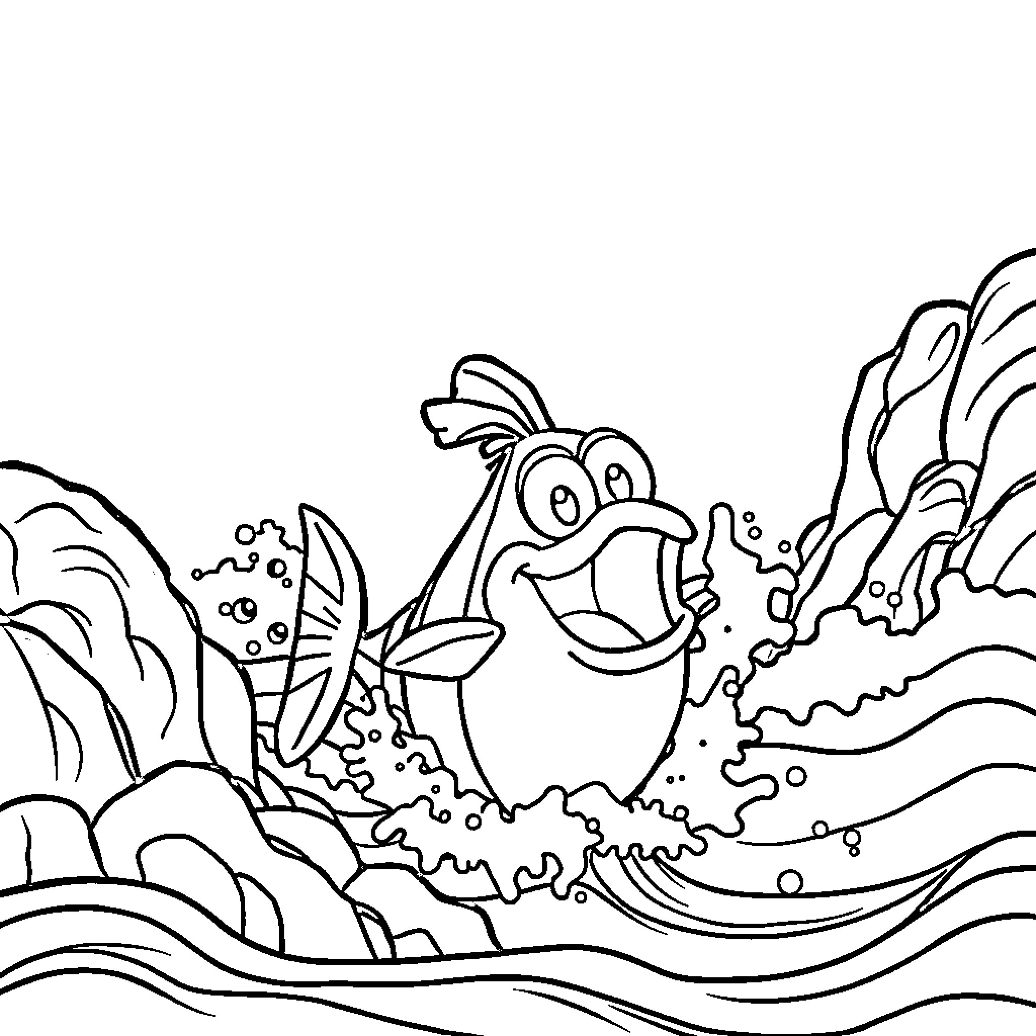 Spongebob swimming happily in the ocean Coloring Page (free black-and-white line drawing printable PDF for all, from beginners to advanced learners, including children, teens, adults, and seniors)