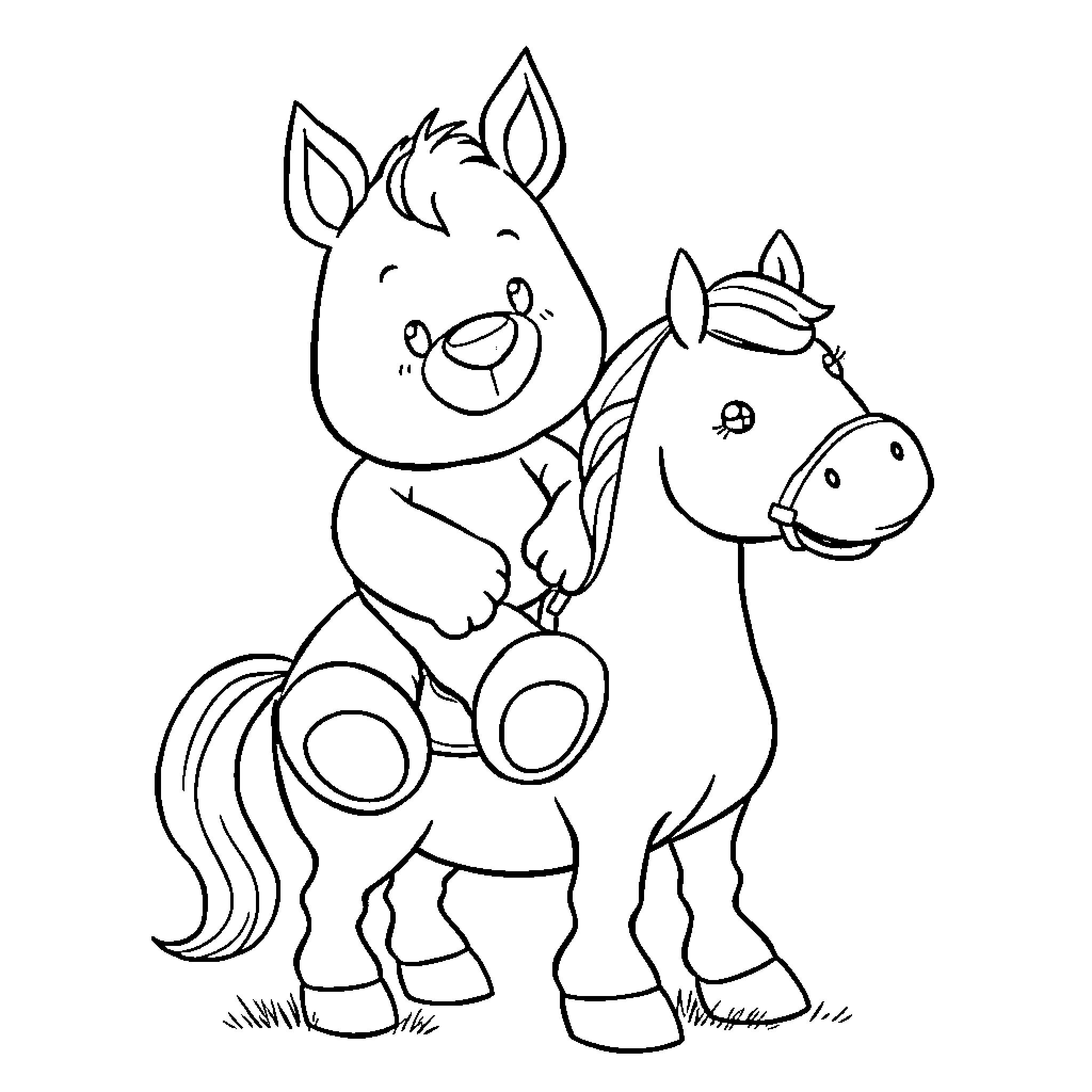 Teddy Bear riding playful horse Coloring Page (free black-and-white line drawing printable PDF for all, from beginners to advanced learners, including children, teens, adults, and seniors)