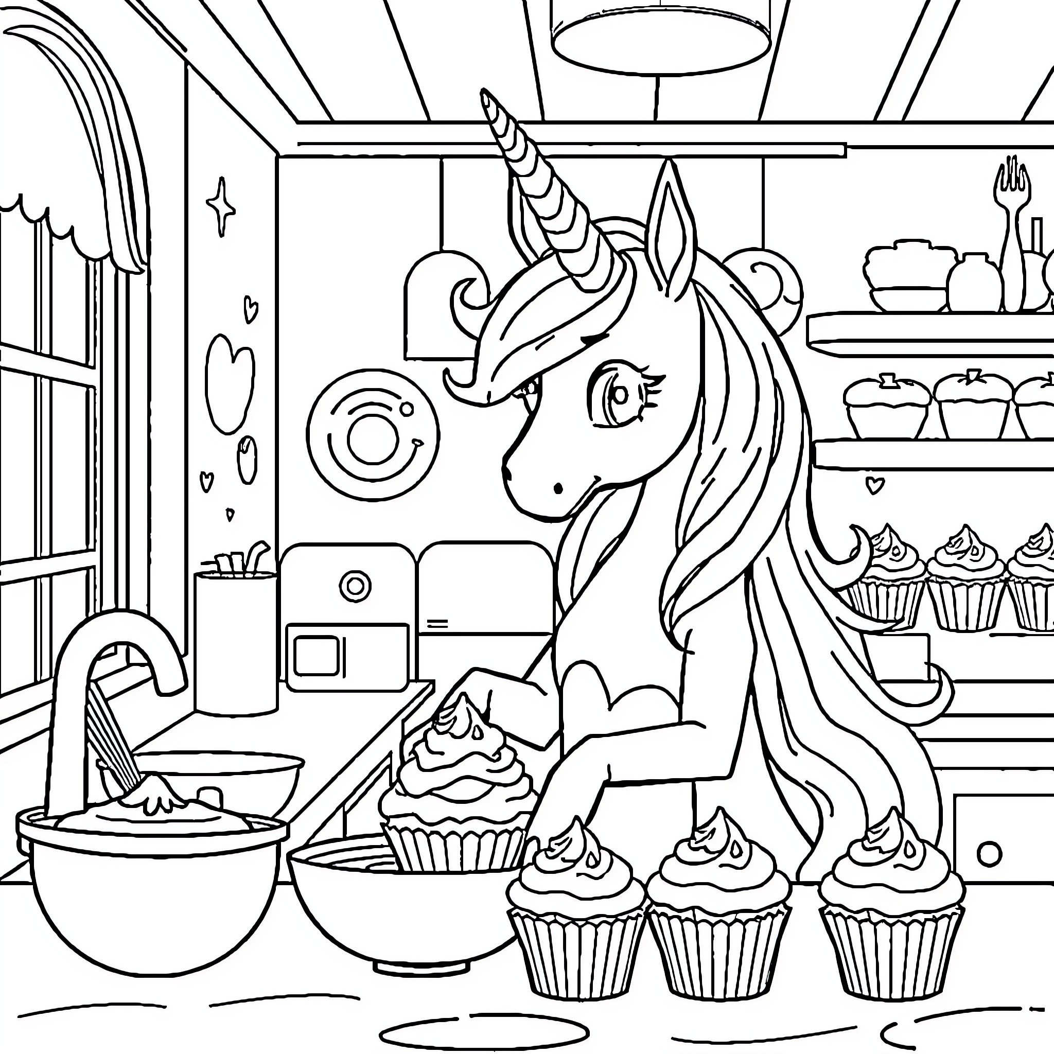 Unicorn baking delightful cupcakes in the kitchen Coloring Page (free black-and-white line drawing printable PDF for all, from beginners to advanced learners, including children, teens, adults, and seniors)