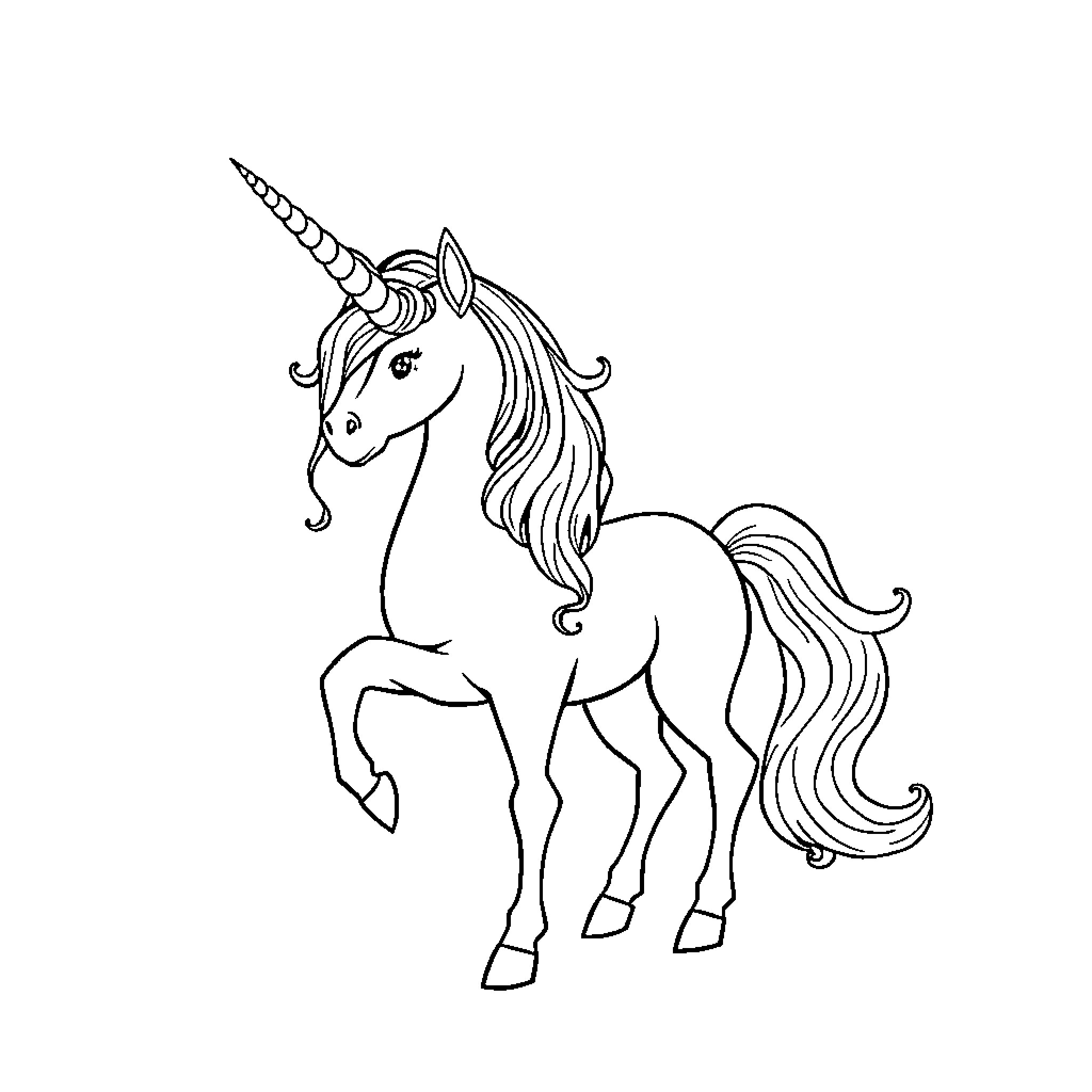 Unicorn standing with elegant features Coloring Page (free black-and-white line drawing printable PDF for all, from beginners to advanced learners, including children, teens, adults, and seniors)