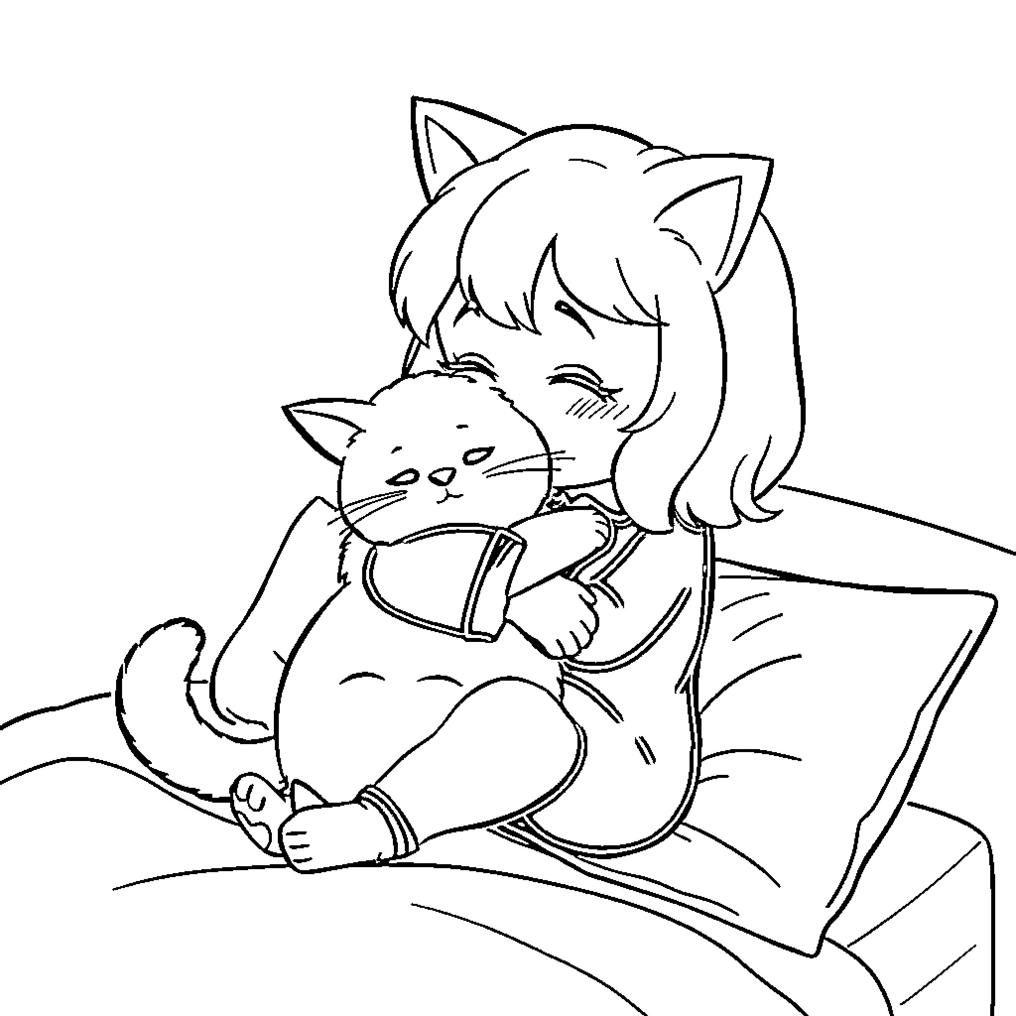 Gabby's cozy nap with a friendly feline Coloring Page (free black-and-white line drawing printable PDF for all, from beginners to advanced learners, including children, teens, adults, and seniors)