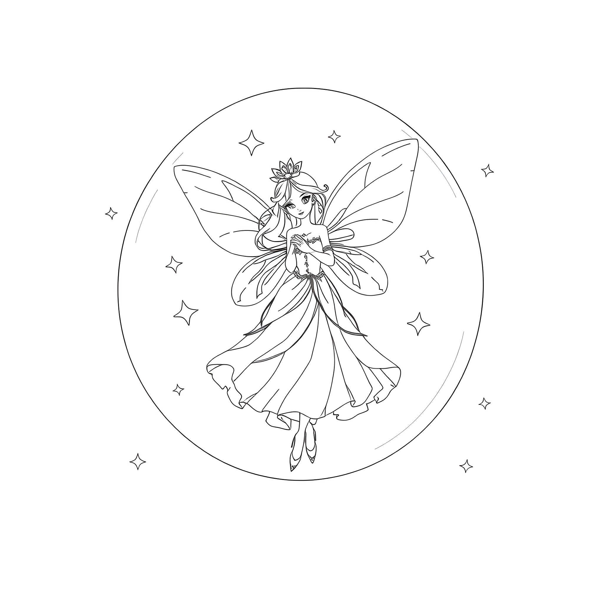 Fairy dancing gracefully in the starry night Coloring Page (free black-and-white line drawing printable PDF for all, from beginners to advanced learners, including children, teens, adults, and seniors)