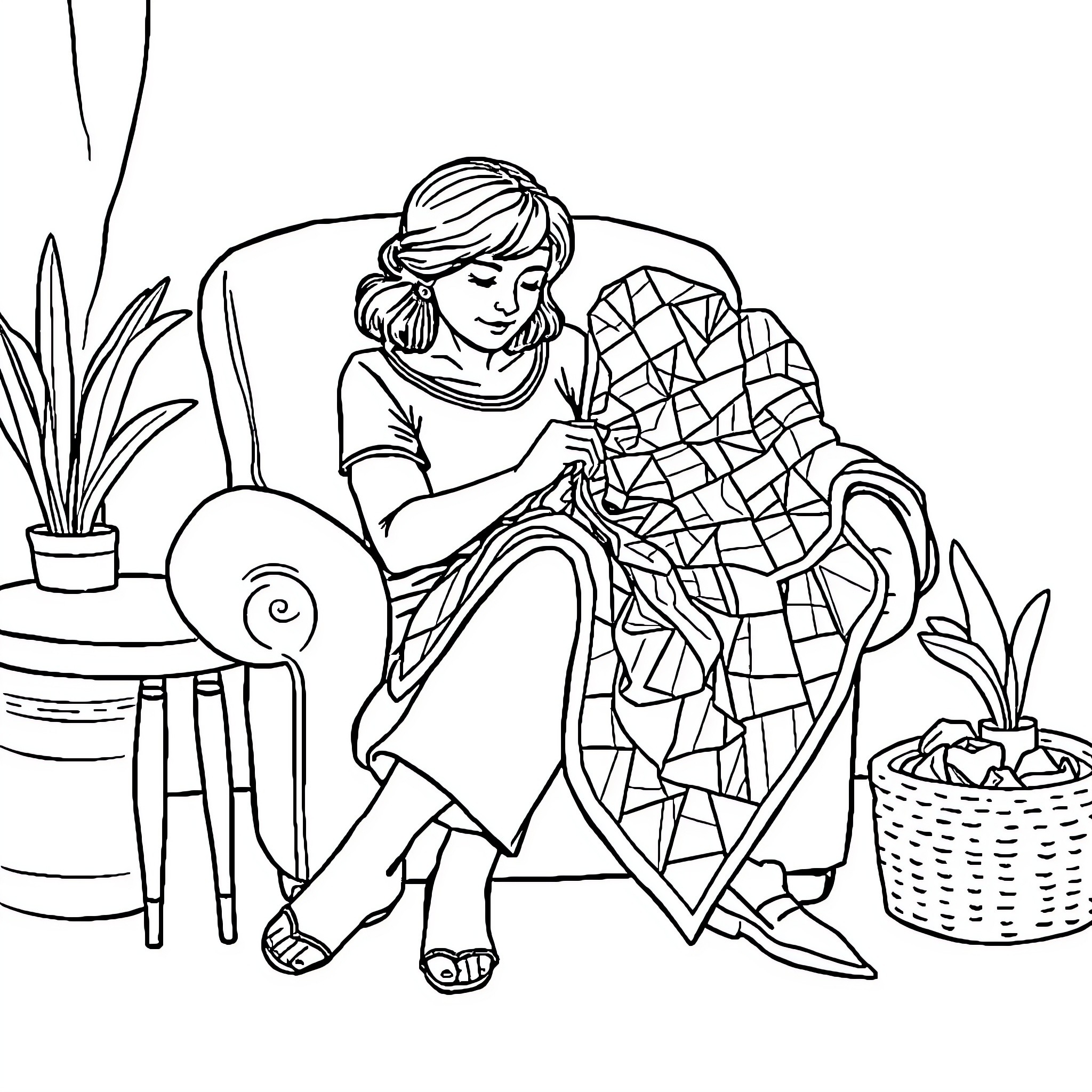 Lady relaxing at home with quilt Coloring Page (free black-and-white line drawing printable PDF for all, from beginners to advanced learners, including children, teens, adults, and seniors)