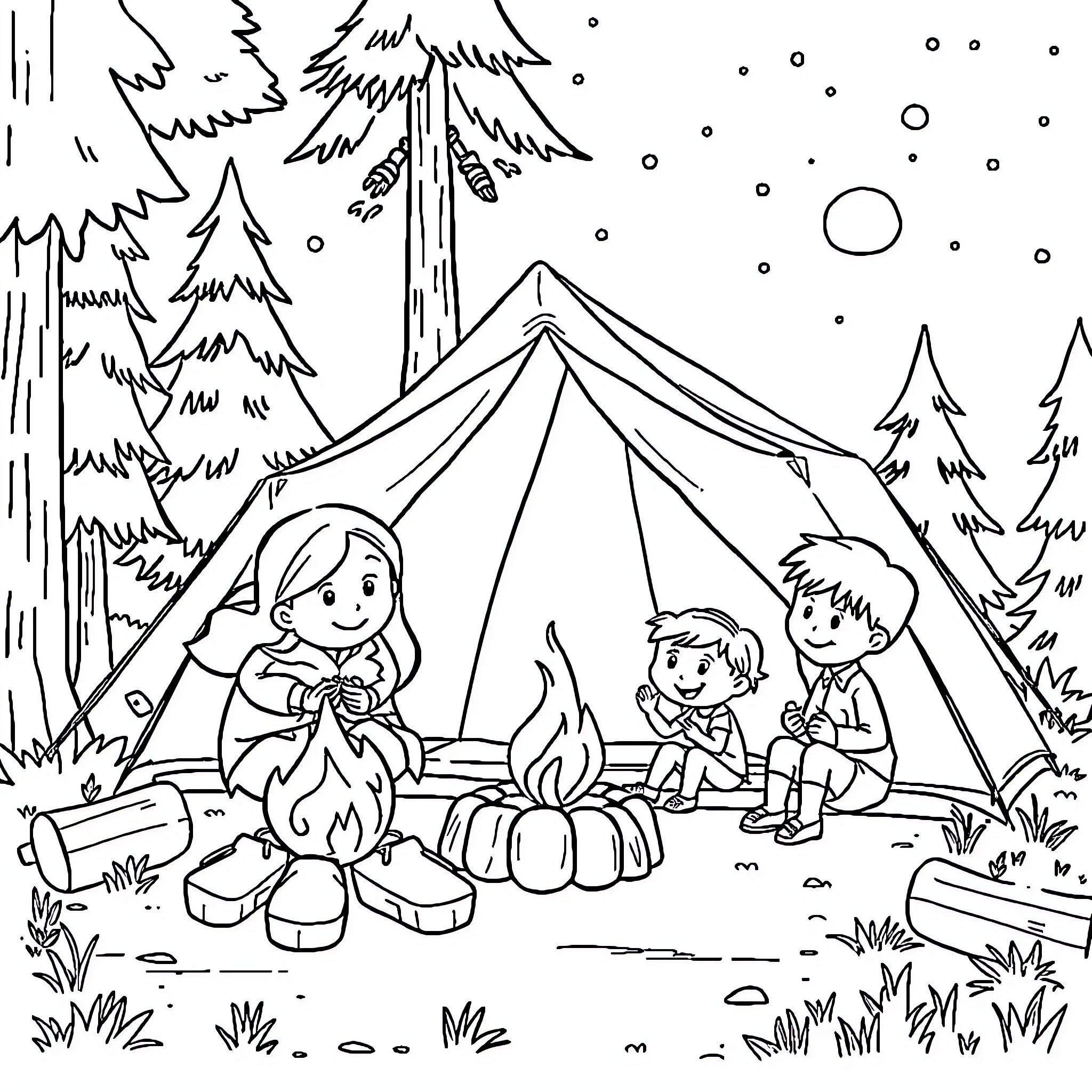 Bluey's Camping Adventure in the Snowy Woods Coloring Page (free black-and-white line drawing printable PDF for all, from beginners to advanced learners, including children, teens, adults, and seniors)