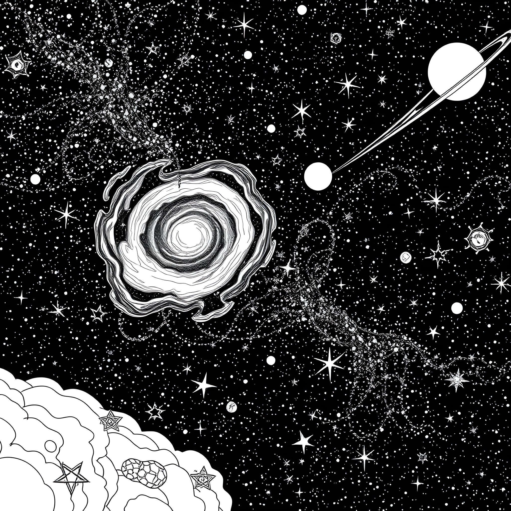 Space Exploration in the Cosmos Coloring Page (free black-and-white line drawing printable PDF for all, from beginners to advanced learners, including children, teens, adults, and seniors)