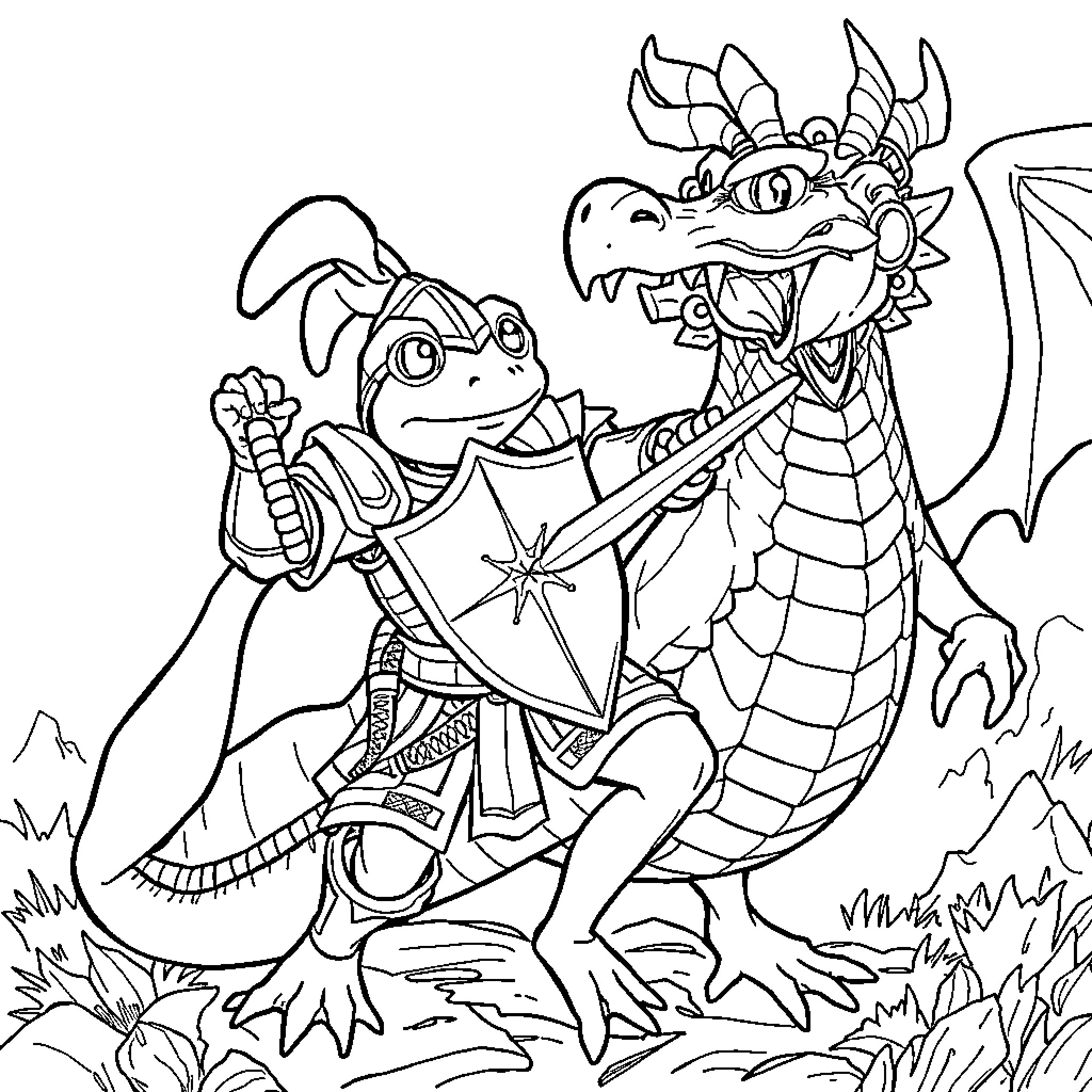Frog and Dragon in Adventurous Encounter Coloring Page (free black-and-white line drawing printable PDF for all, from beginners to advanced learners, including children, teens, adults, and seniors)