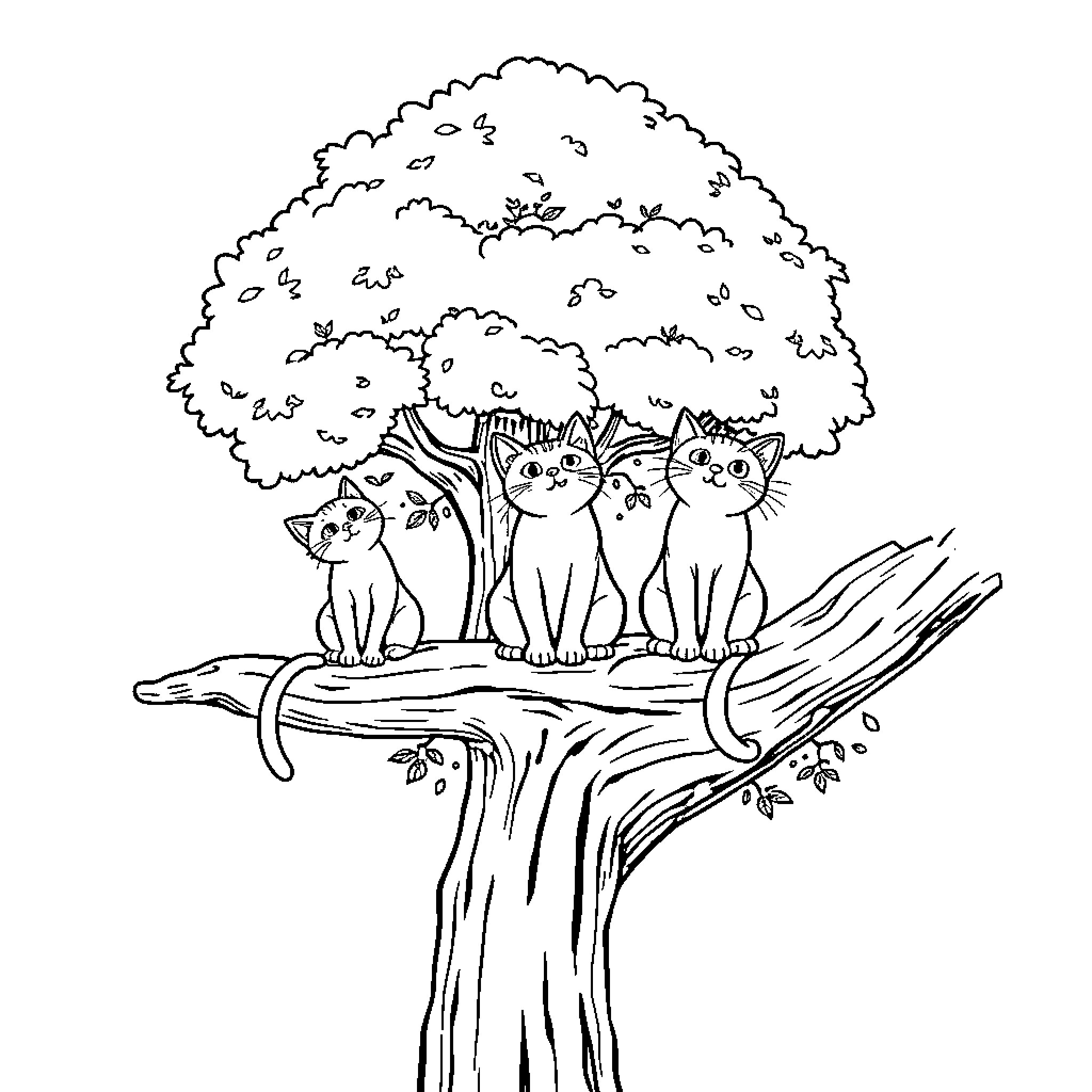 Cat kittens exploring the tree Coloring Page (free black-and-white line drawing printable PDF for all, from beginners to advanced learners, including children, teens, adults, and seniors)