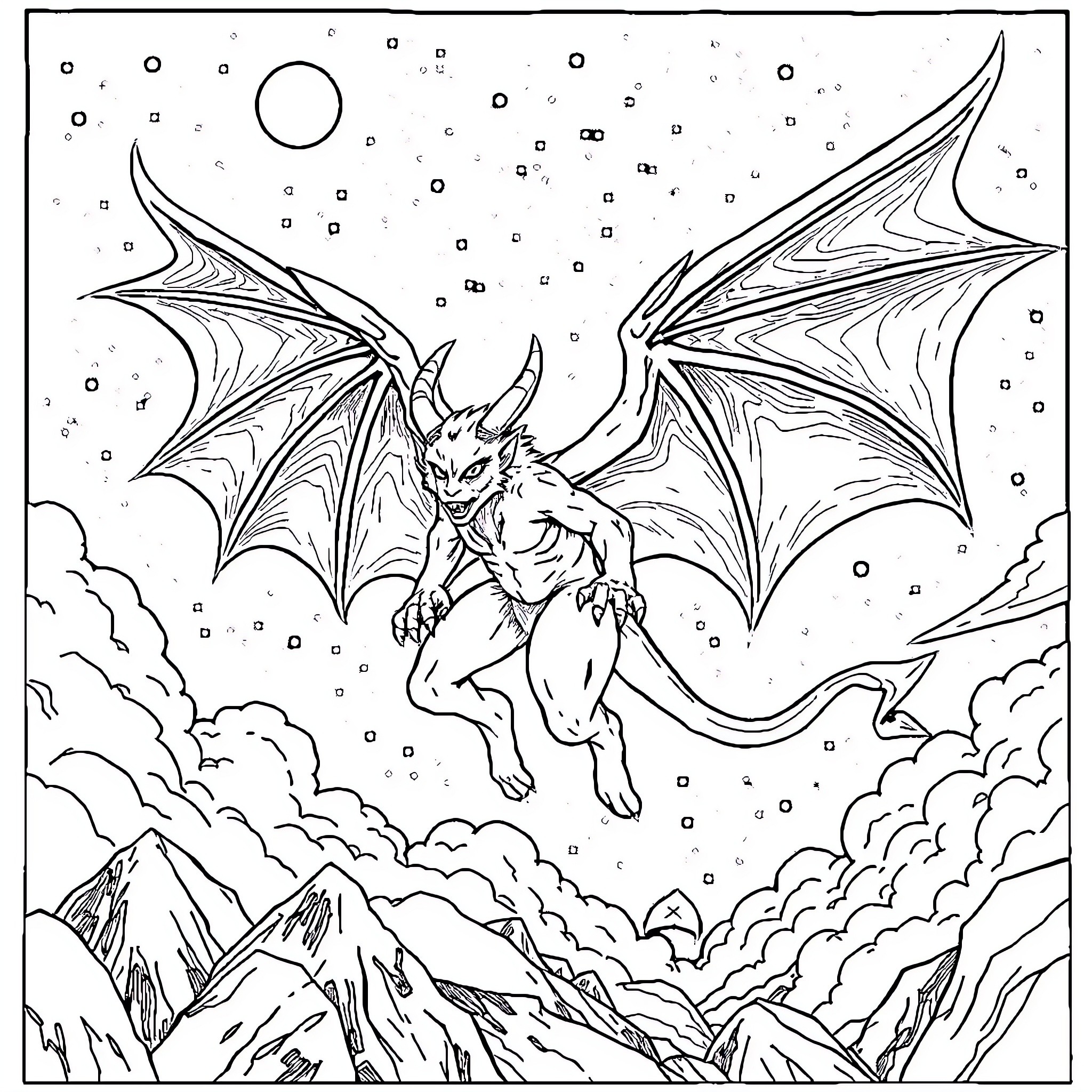 Lakhey soaring through the mystical night sky Coloring Page (free black-and-white line drawing printable PDF for all, from beginners to advanced learners, including children, teens, adults, and seniors)
