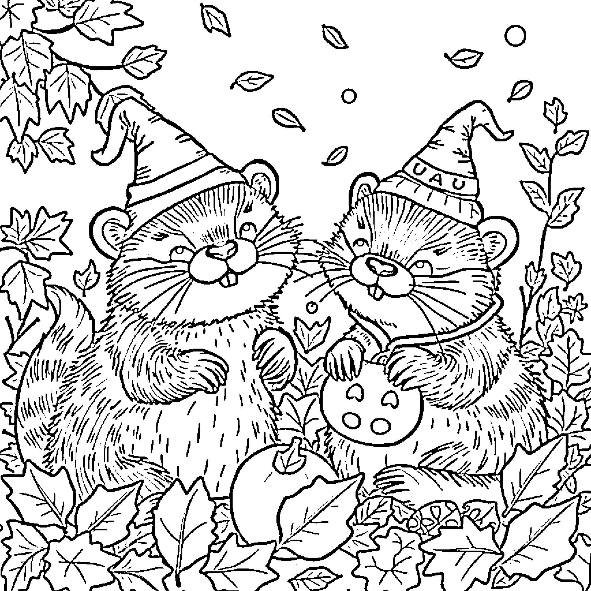 Otter friends celebrate autumn with pumpkins and leaves Coloring Page (free black-and-white line drawing printable PDF for all, from beginners to advanced learners, including children, teens, adults, and seniors)