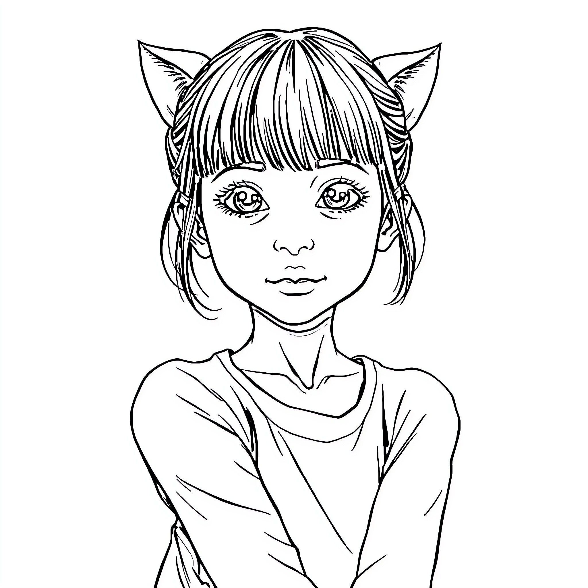 Girl with cat-like features and serious expression Coloring Page (free black-and-white line drawing printable PDF for all, from beginners to advanced learners, including children, teens, adults, and seniors)