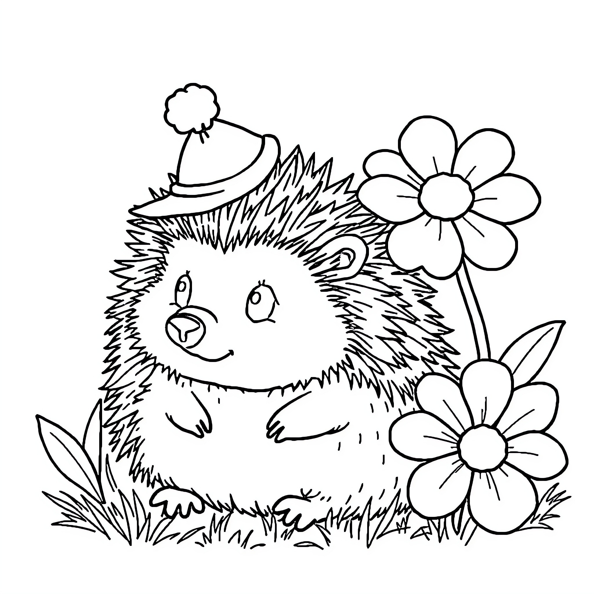 Hedgehog enjoying a flowery field Coloring Page (free black-and-white line drawing printable PDF for all, from beginners to advanced learners, including children, teens, adults, and seniors)