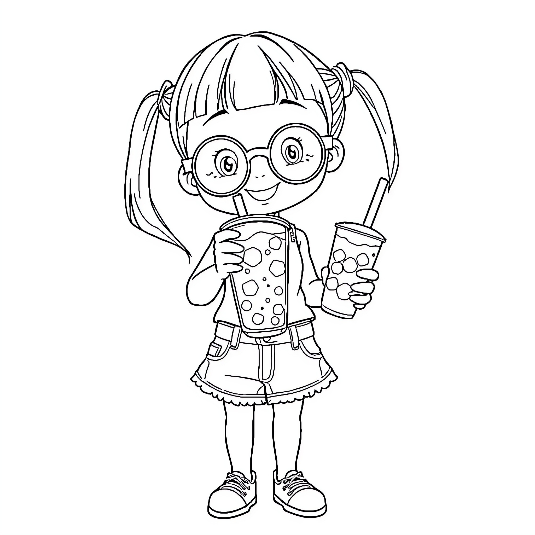 Girl holding a drink and wearing glasses Coloring Page (free black-and-white line drawing printable PDF for all, from beginners to advanced learners, including children, teens, adults, and seniors)