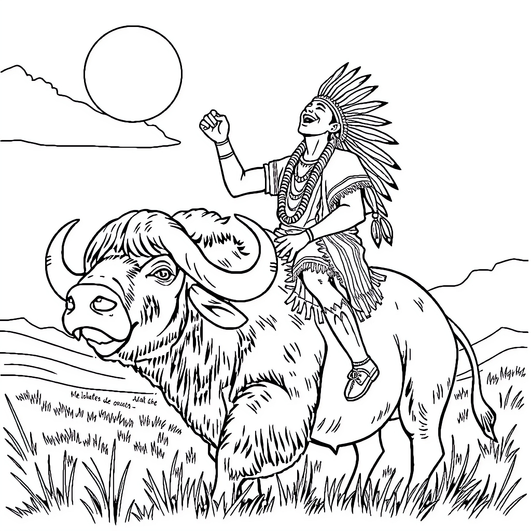 Buffalo and Native American warrior in the wilderness Coloring Page (free black-and-white line drawing printable PDF for all, from beginners to advanced learners, including children, teens, adults, and seniors)