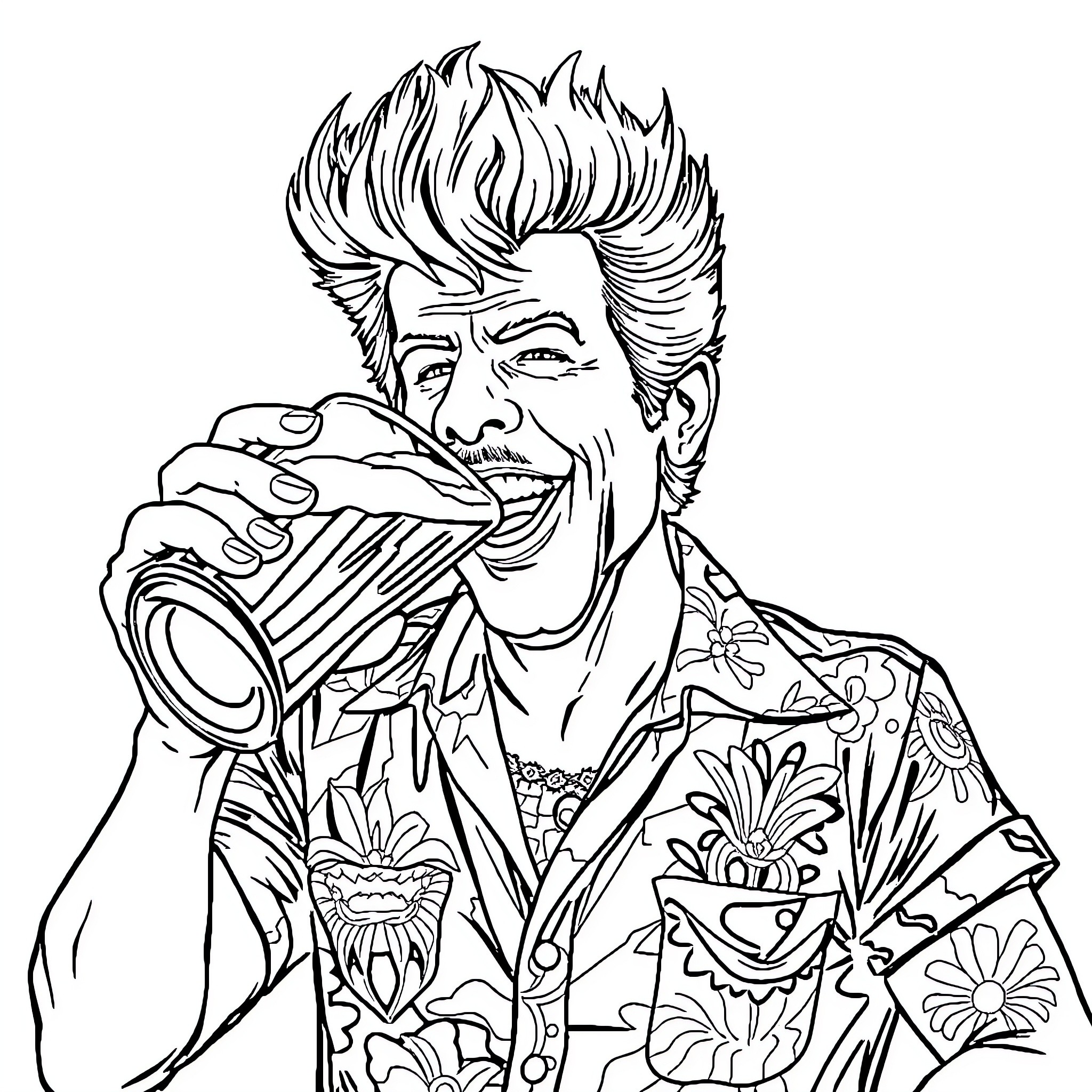 Ace Ventura embracing nature with quirky expression Coloring Page (free black-and-white line drawing printable PDF for all, from beginners to advanced learners, including children, teens, adults, and seniors)
