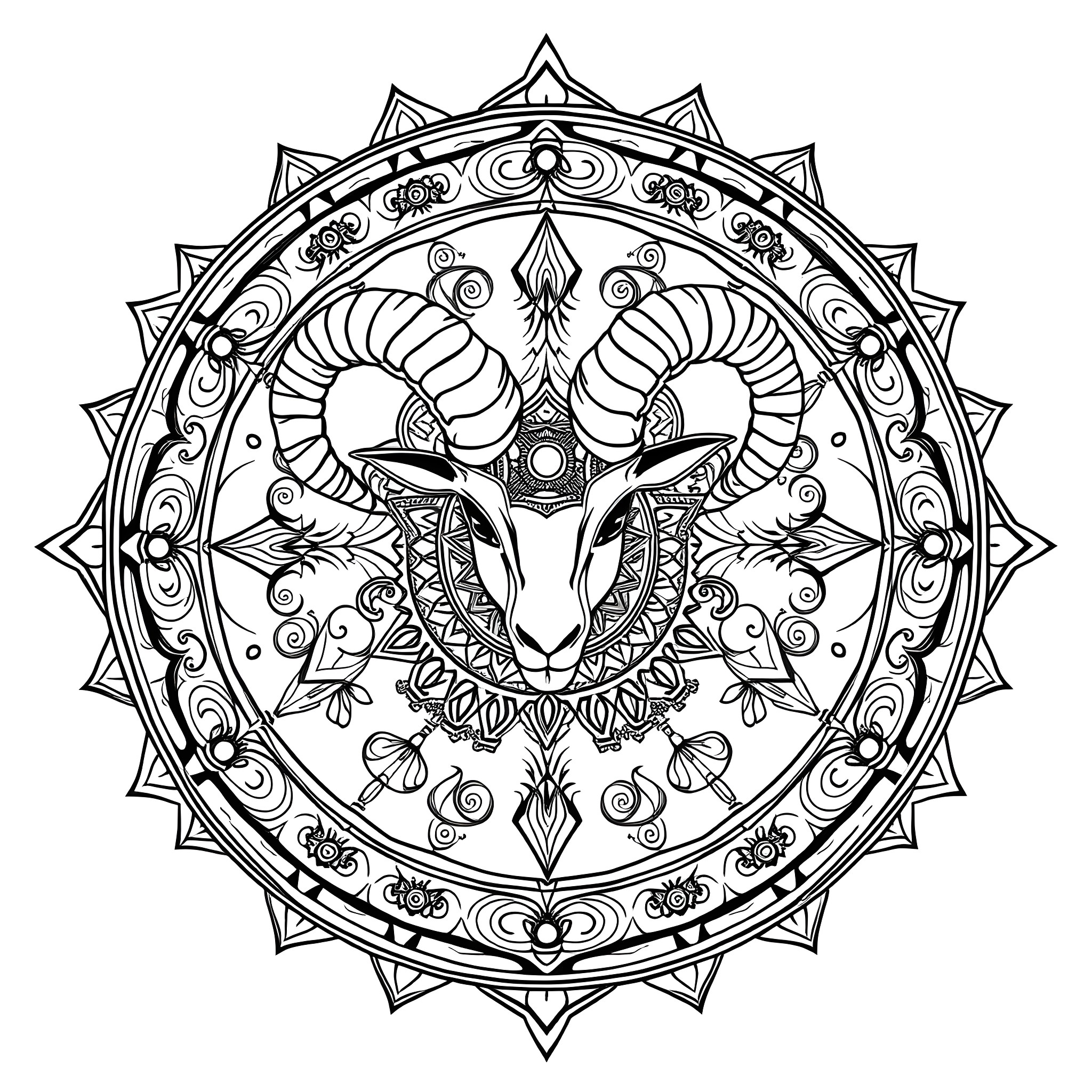 Aries Zodiac Symbol in Intricate Mandala Design Coloring Page (free black-and-white line drawing printable PDF for all, from beginners to advanced learners, including children, teens, adults, and seniors)