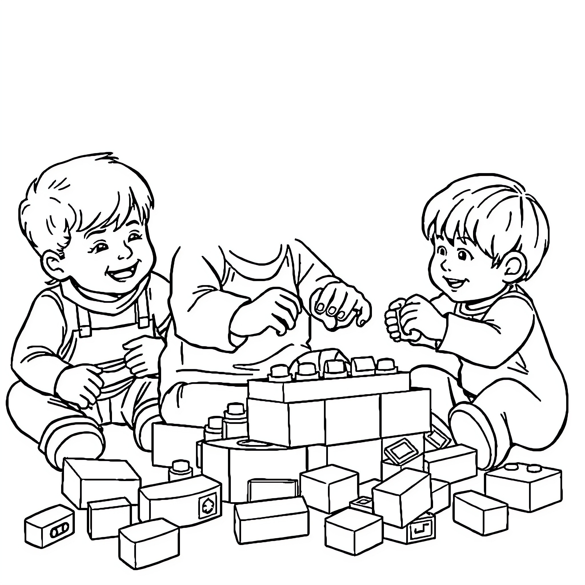 Lego Figures Building Blocks Together Coloring Page (free black-and-white line drawing printable PDF for all, from beginners to advanced learners, including children, teens, adults, and seniors)